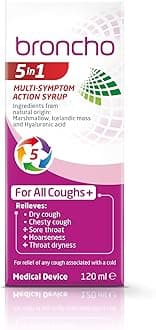 Broncho 5in1 Multi-Symptom Action Syrup (120ml) relieves all coughs and sore throat associated with a cold. Alcohol and sugar free.