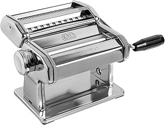 Made in Italy Atlas 150 Classic Manual Pasta Maker Machine, Chrome Steel with Black Hand Crank. Makes Lasagna, Fettuccine & Tagliolini.