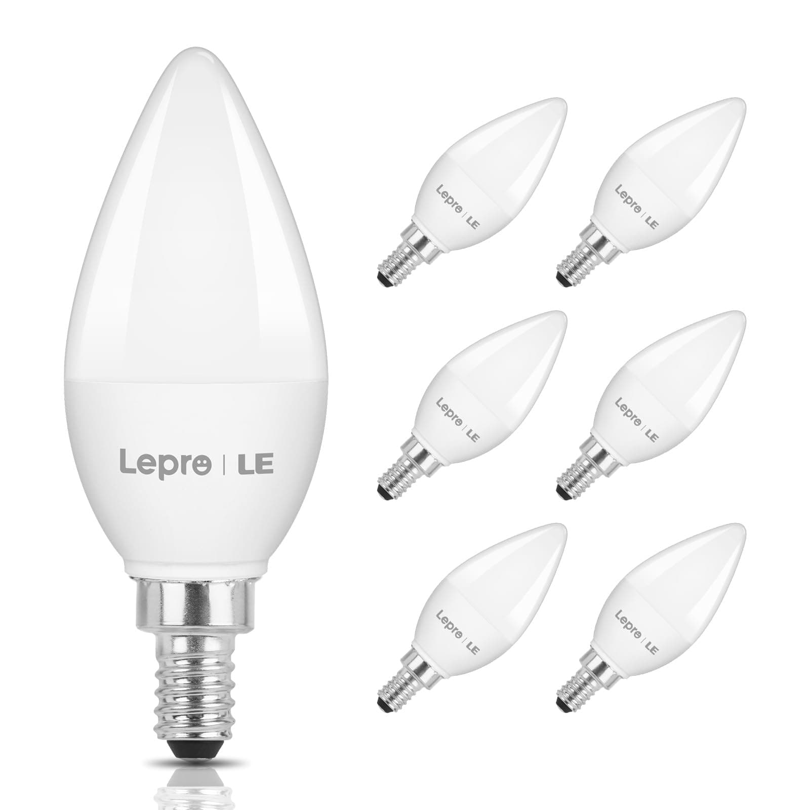 E12 LED Candelabra Light Bulbs, 5.5 watt, 40 watt Equivalent C37 B11 Ceiling Fan Bulb Chandelier Bulbs, 2700 Kelvin Warm White Type B Small Base Candle Lights, Frosted Plastic Shell, 6-Pack