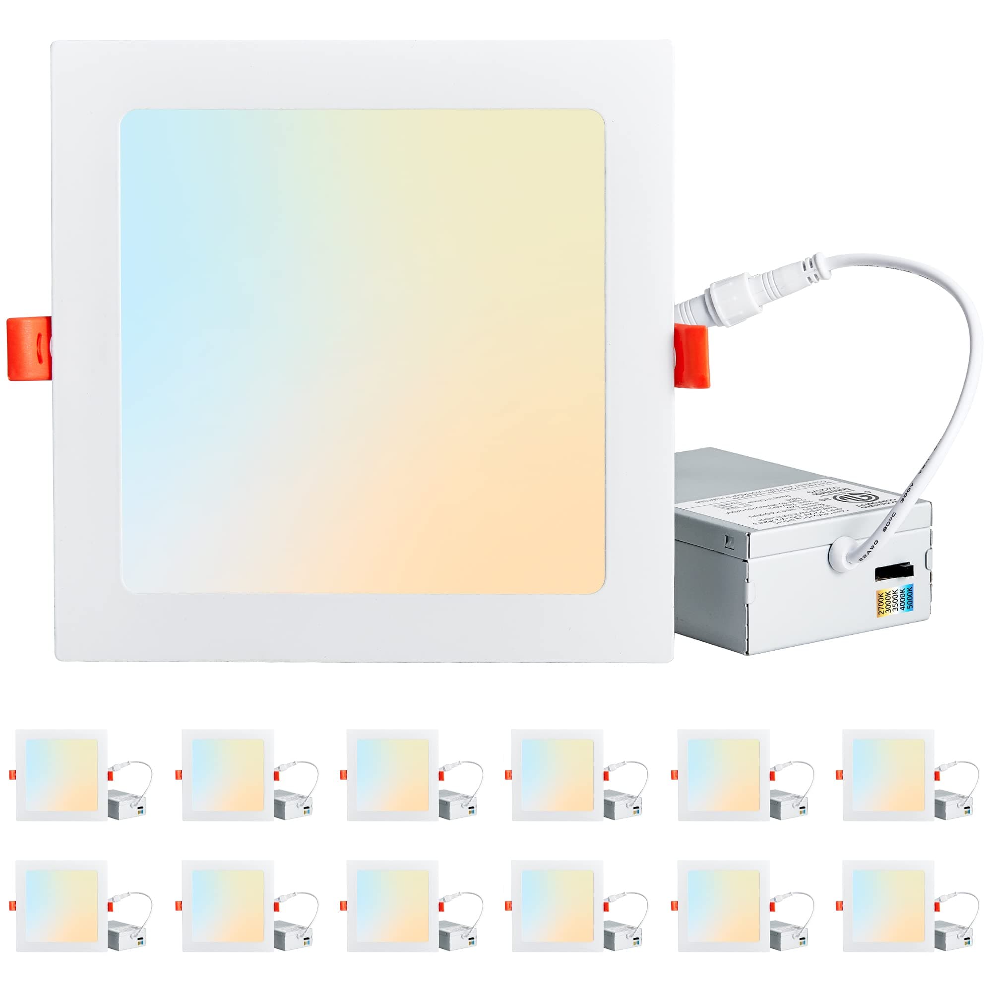 LEDIARY12 Pack 5CCT Ultra Thin Square Recessed Lighting 6 Inch, 2700K - 5000K Selectable, 1100LM 12W Eqv 110W, Dimmable LED Ceiling Lights with Junction Box, LED Downlight - IC Rated, ETL Certified