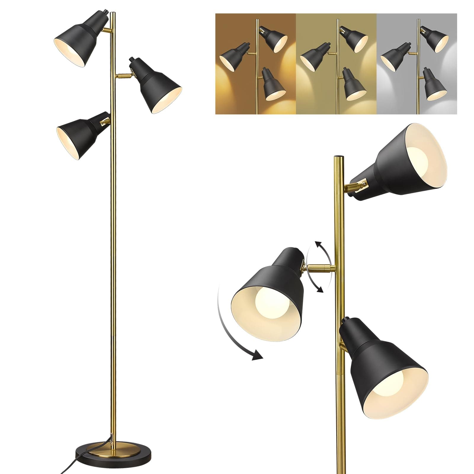 ELYONA Gold Tree Floor Lamp with 3 Adjustable Rotating Lights, Industrial Tall Pole Metal Standing Lights with 3 LED Bulbs for Living Room,Bedroom,Farmhouse,Office,Hotel, Vintage Brushed Brass & Black