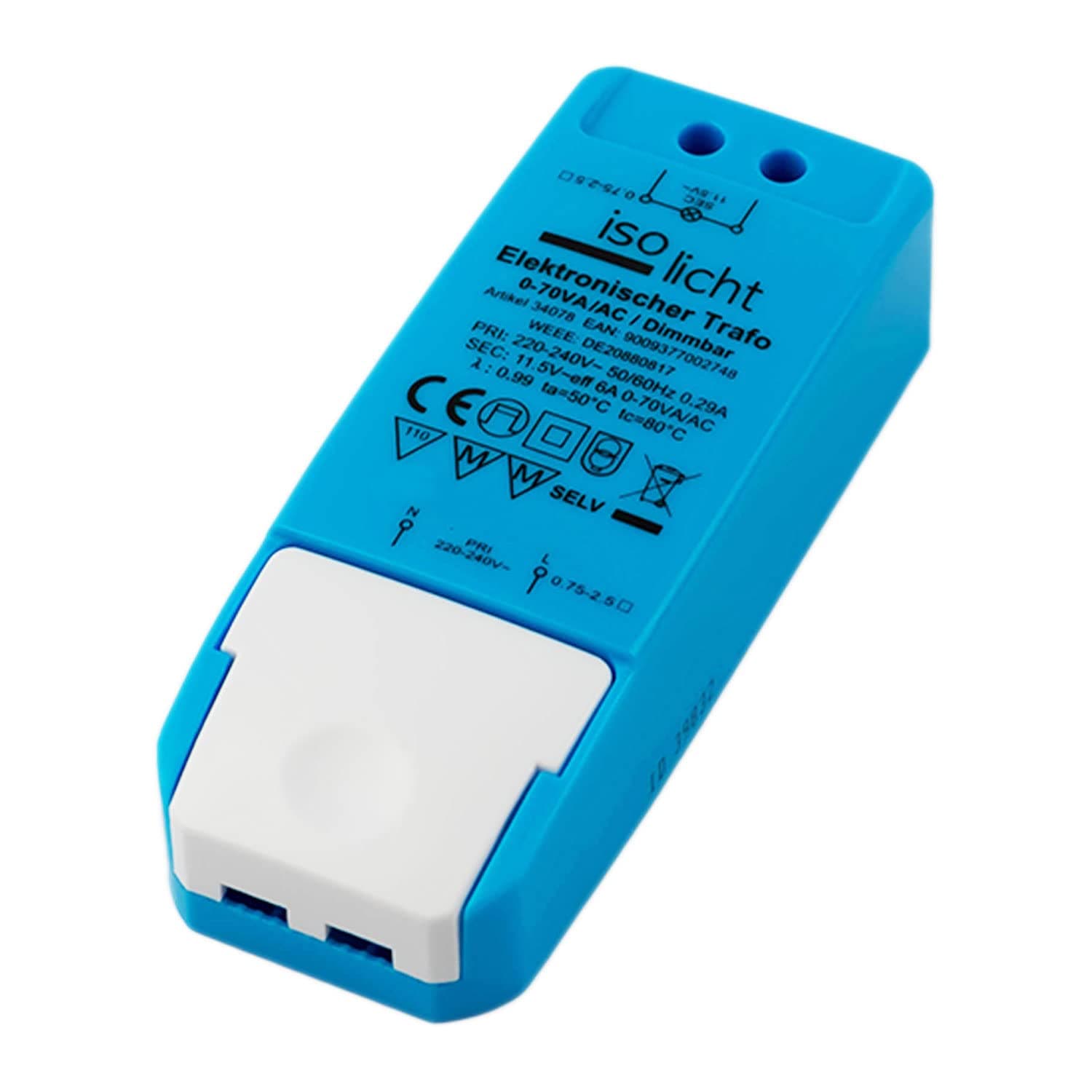 12V / AC, 0 - 70W, Transformer, LED driver with No minimum load, No LED flickering and No transformer noise, Dimmable Power Supply