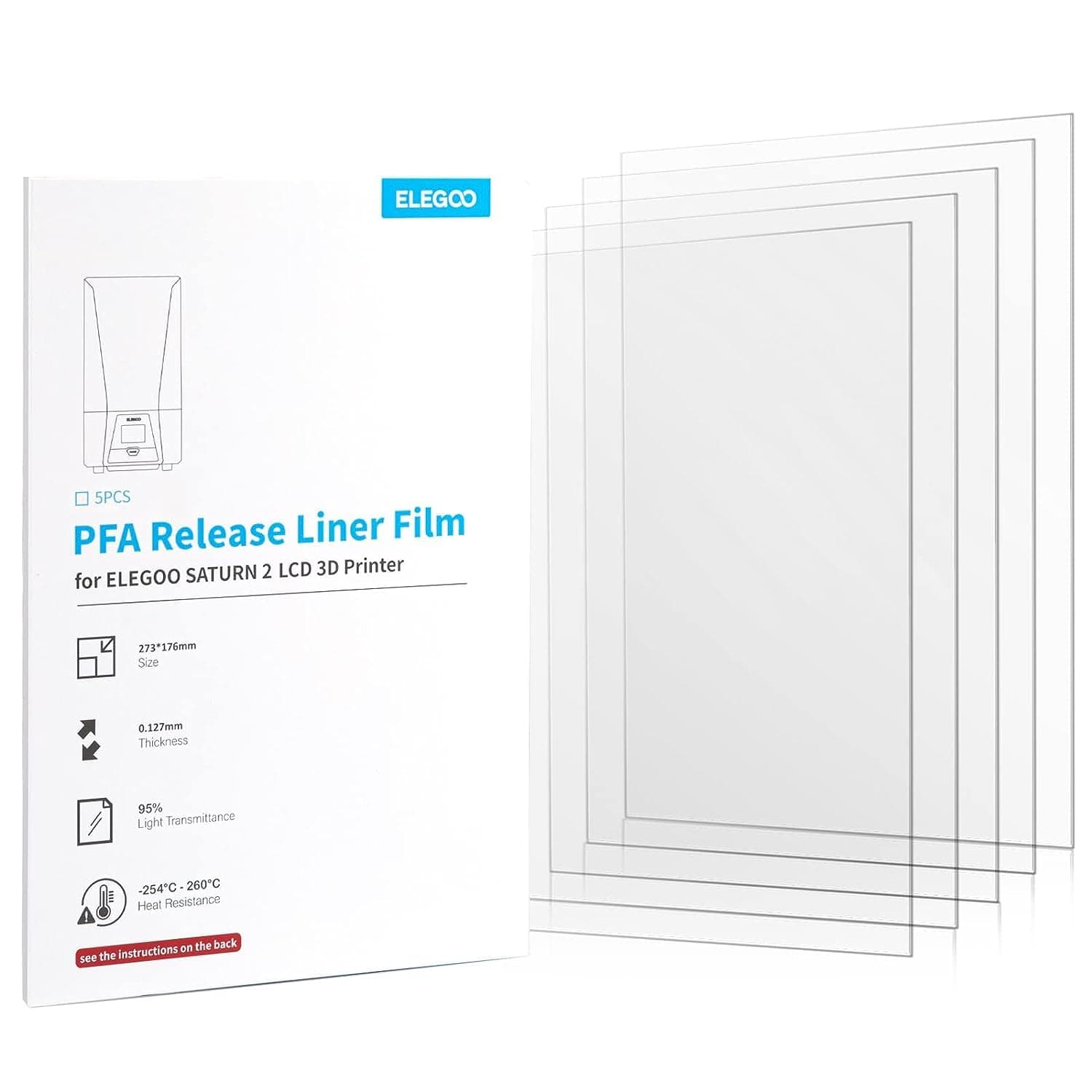 ELEGOO 5PCS PFA Release Liner Film for Saturn 2/3/3 Ultra/4/4 Ultra LCD 3D Printer 273 * 176mm, 0.127mm Thickness with Stronger Release Functionality and 95% Light Transmittance