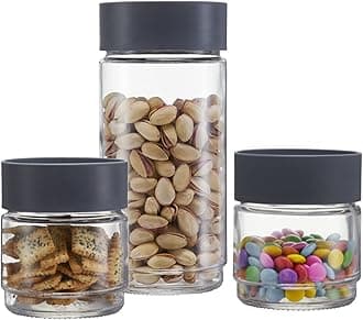 CELLO Modustack Glassy Storage Jar | Glass Jar with Lid | Air Tight Steel Lid and Stackable | For Storage of Food, Pulses, Spice, Cereals, Cookies, Dry Food | Set of 3 | 500ml x 2 + 1000ml, Grey