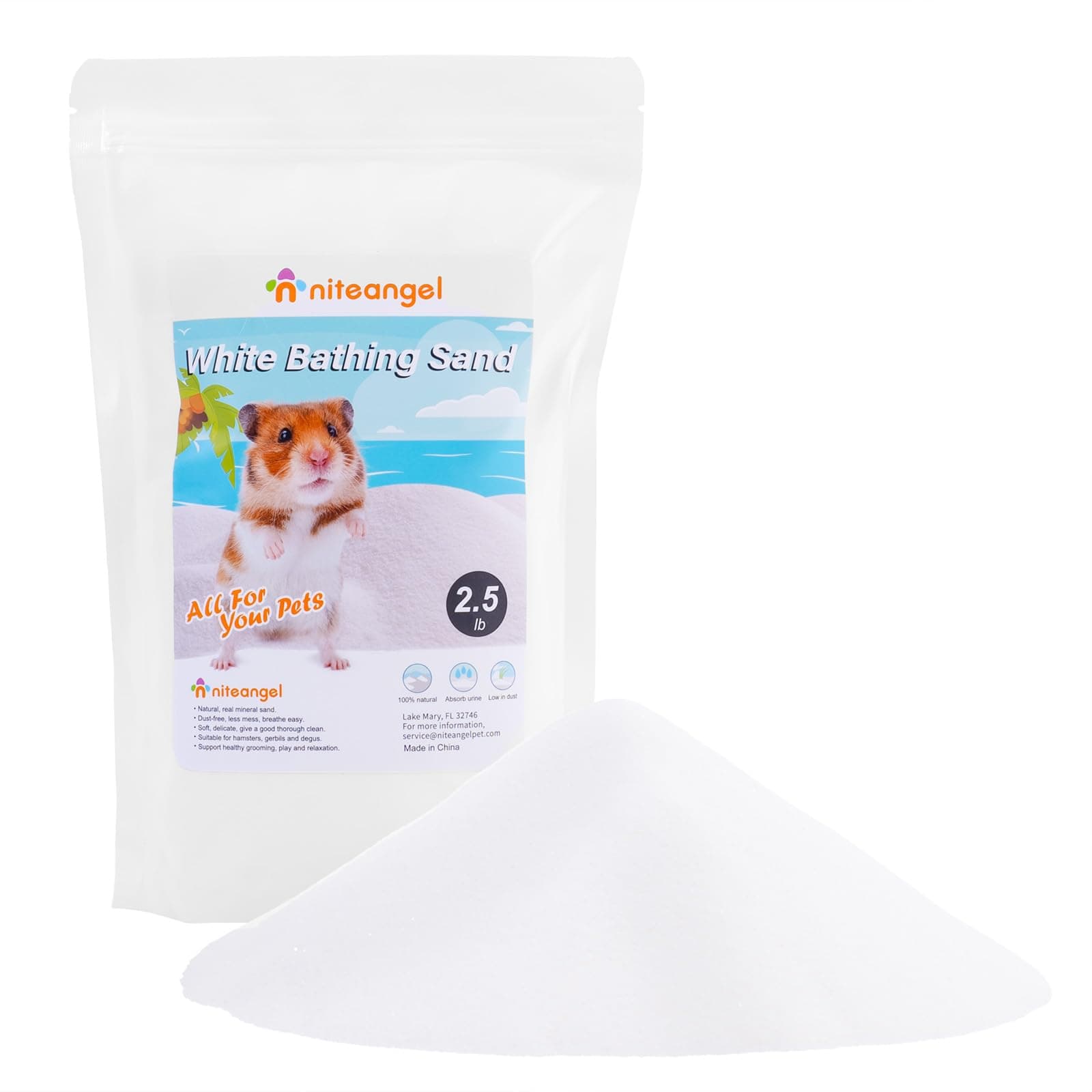 Niteangel Hamster Desert Bath Sand | No-Dust Bath or Potty Litter Sand for Hamster Chinchillas Gerbil Mice Degu or Other Small Pets (White Sand, 2.5LB)