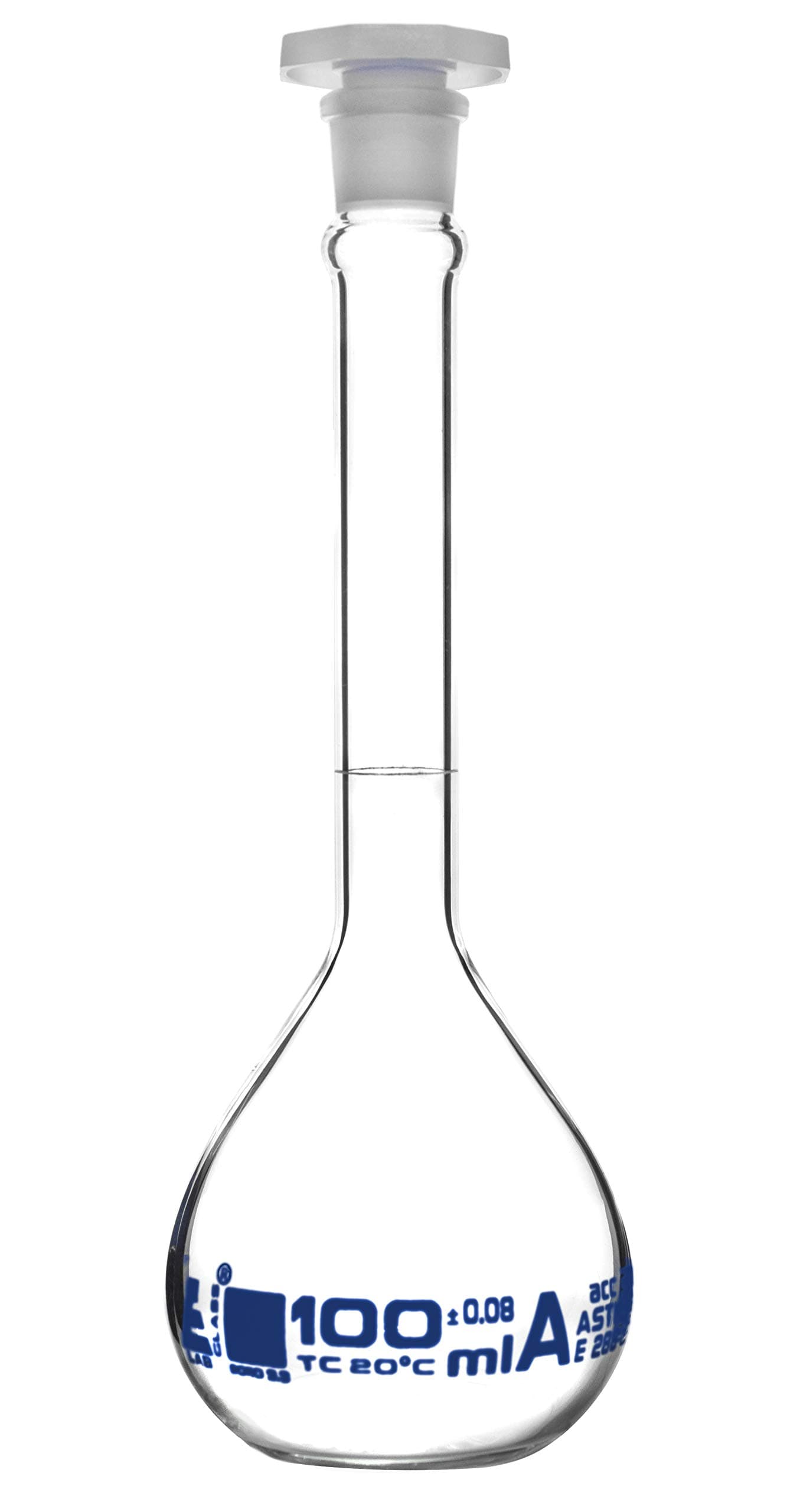 EISCO Volumetric Flask, 100ml - Class A, ASTM - Tolerance ±0.08ml - Polypropylene Stopper - Single, White Graduation - Borosilicate Glass
