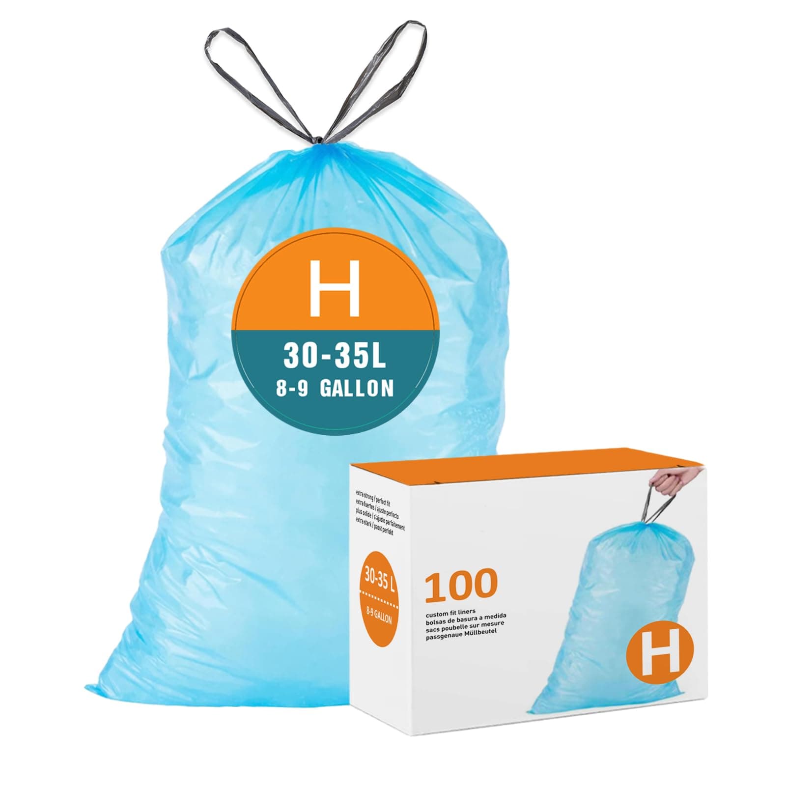 Code H 8-9 Gallon Heavy Duty Trash Bags Blue Compatible with simpleman Code H (100 Count) | Drawstring Garbage Liners 8-9 Gallon/30-35 Liter | Reinforced Drawstring