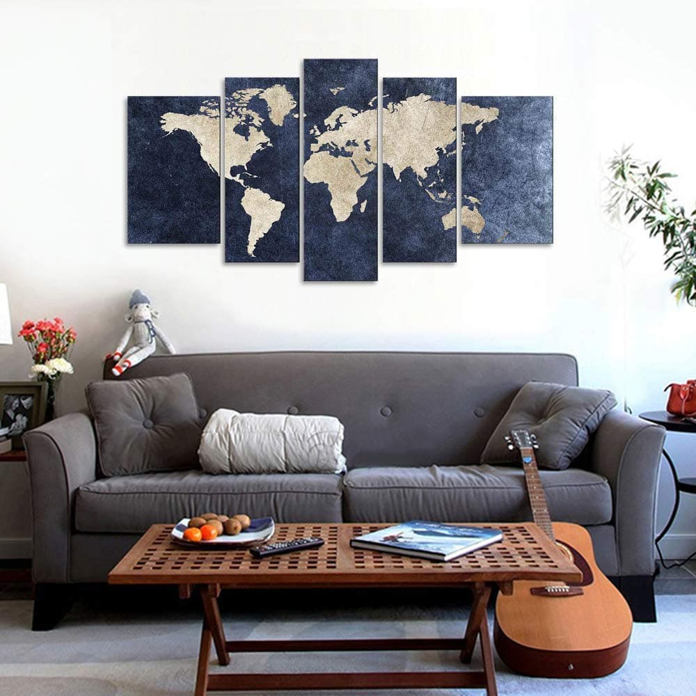 General World Map Black Background Wall Art p Poster - General World Map Black Background Wall Art Painting Picture Framed (Blue, 10x16inchx2,8x20inchx2,8x24inchx1)