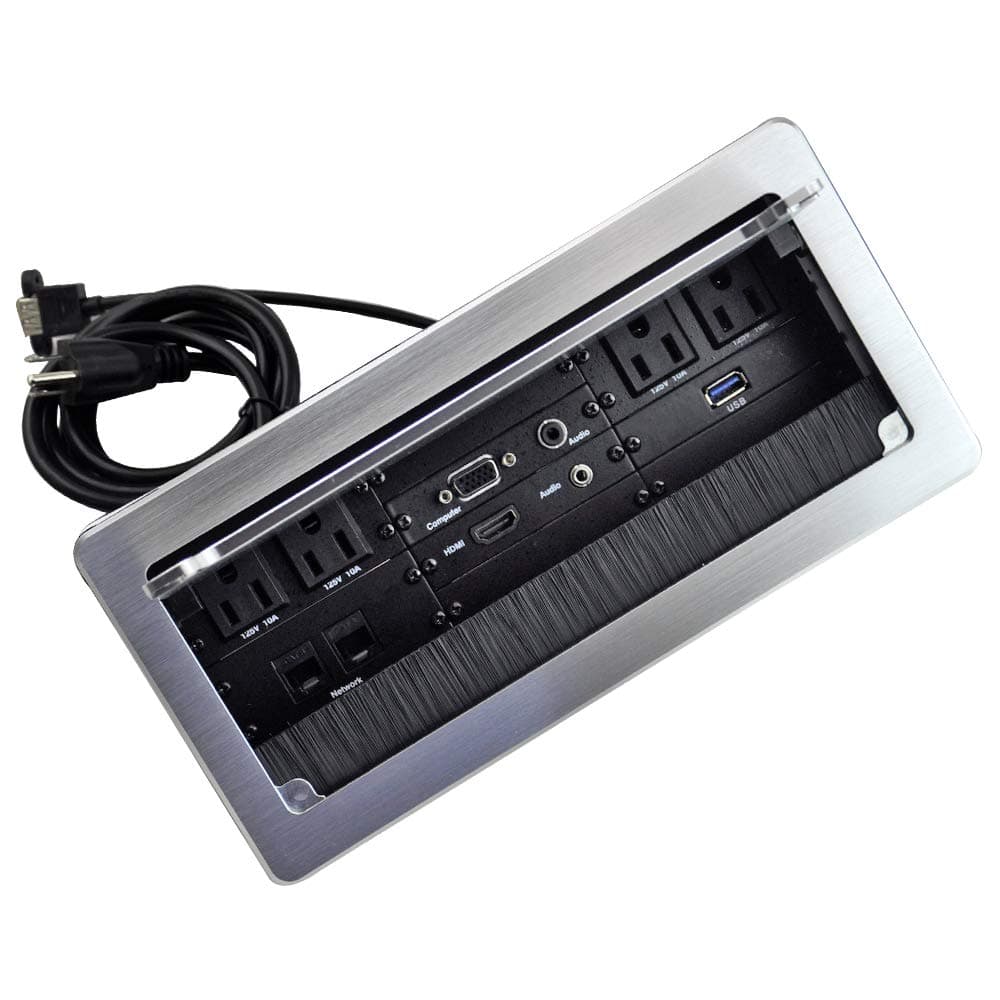 JS VI DEO JS TECHNOLOGY Table Power Brush Connectivity Box with 4 AC Power + 2 RJ45（CAT6） + 2 Audio 3.5mm + 1 VGA + 1 HDMI + 1 USB 3.0 (Female to Female) with 5.58ft Power Cord (Silver)