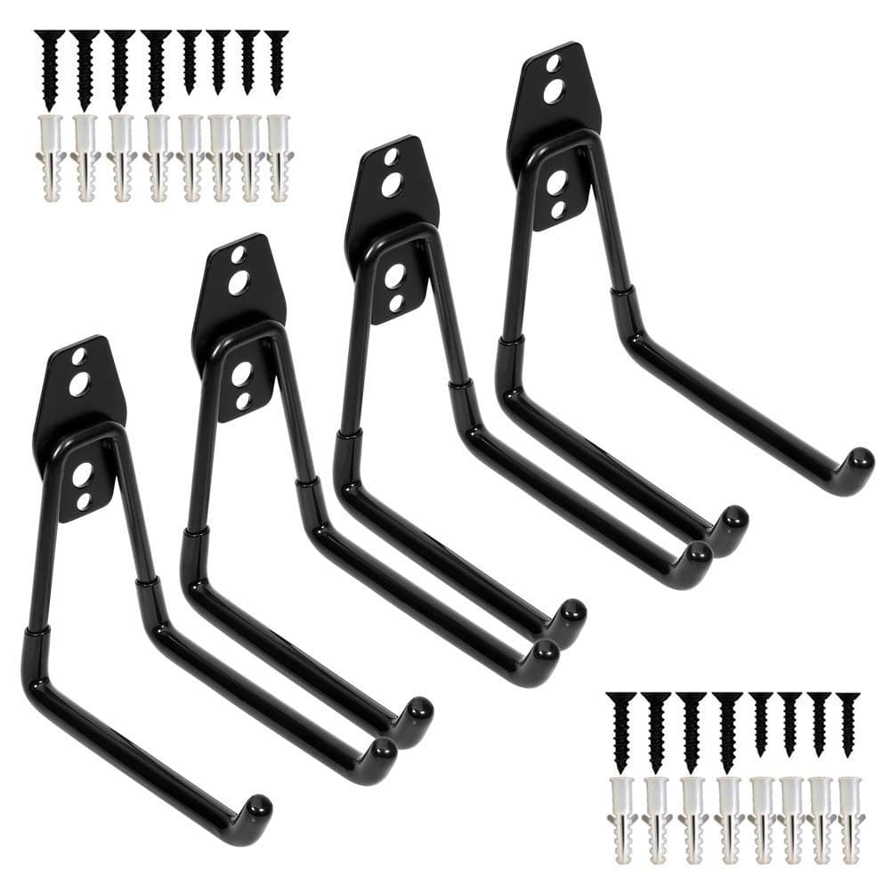 Storage Double Hooks Garage Space Saver Organizer Utility Hanger,Rack Extended Wall Mount Tool Heavy Duty Steel Holder with Anti-Slip Coating, 4 Pack 5.1" Garage Hook