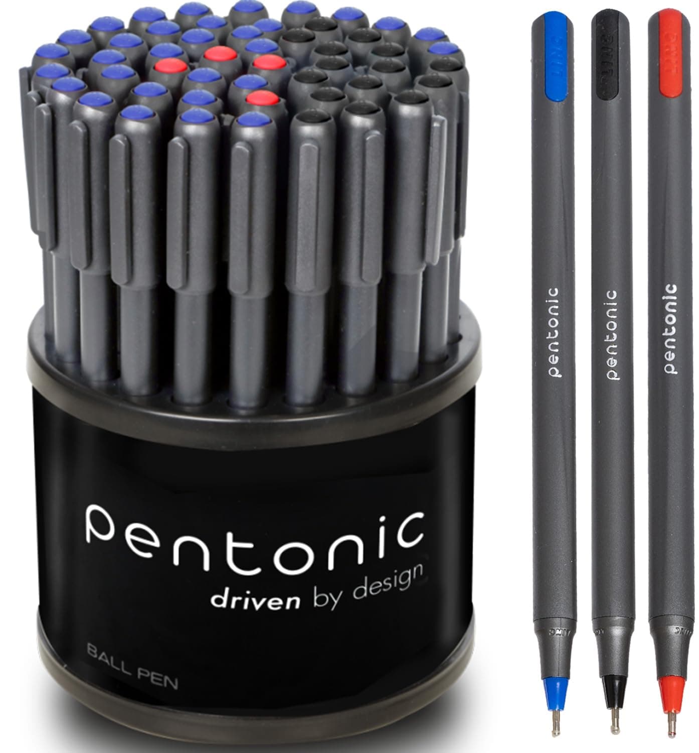 Pentonic Premium Ball Point Assorted Pens 1.0 mm Medium Point, 50-Count + Pen Organizer For Desk | Medium Point Featherlite Feel, Easy Flow Ink Technology Office Pen, Sleek Matte Finish