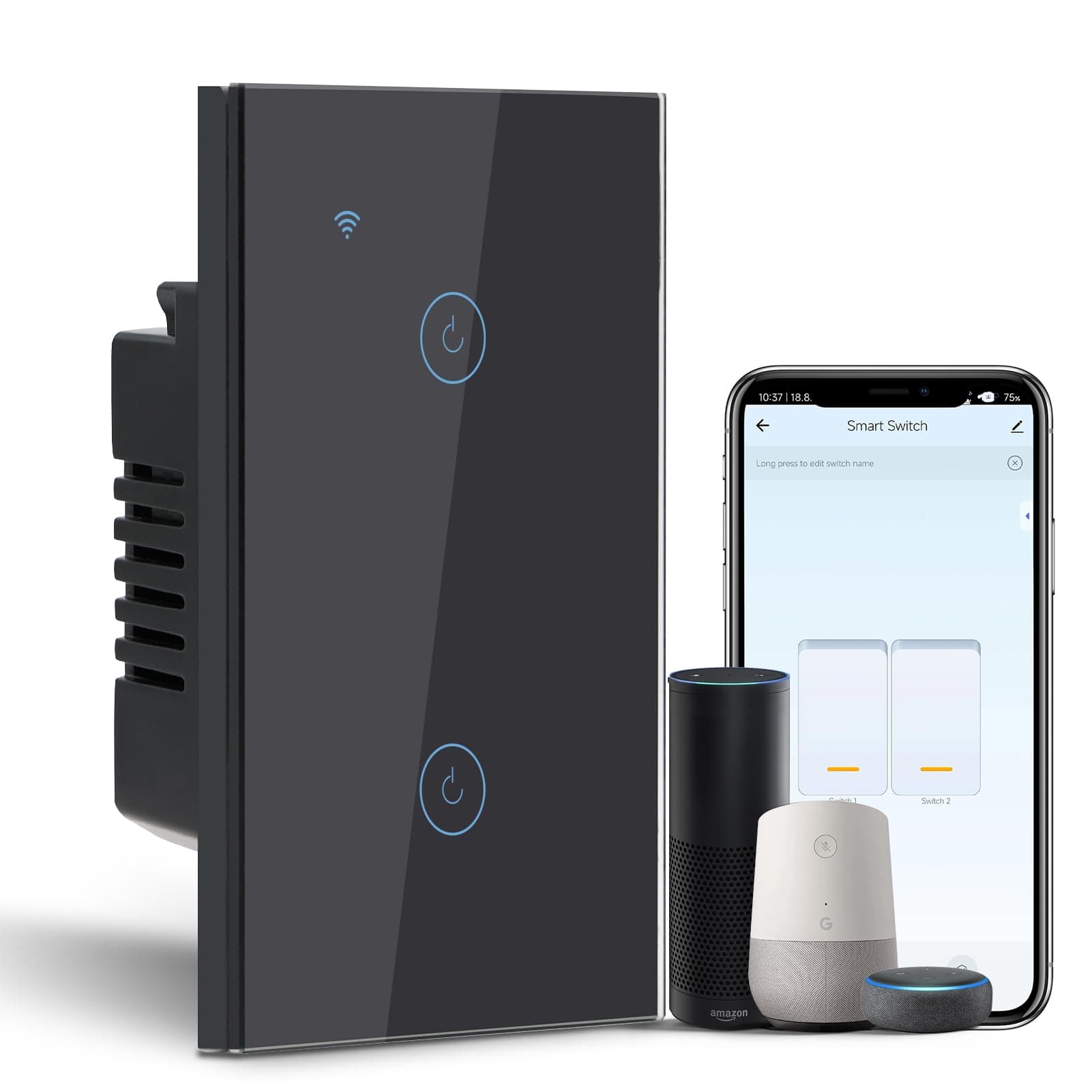 BSEED Smart Light Switch, 2 Gang WiFi Alexa Light Switch with Remote APP Control and Timing Function, Single Pole Black Light Switches Work with Alexa, Google Assistant, Voice Control, Group Control