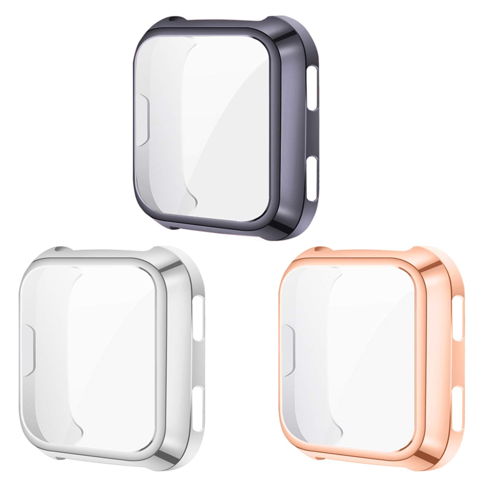 KIMILAR Screen Protector Case Cover Compatible with Fitbit Versa [3-Pack], All-Around Screen Protective Case Bumper Cover Saver Soft TPU Plated Case for Versa Smartwatch (Graphite+Silver+Rose Gold)