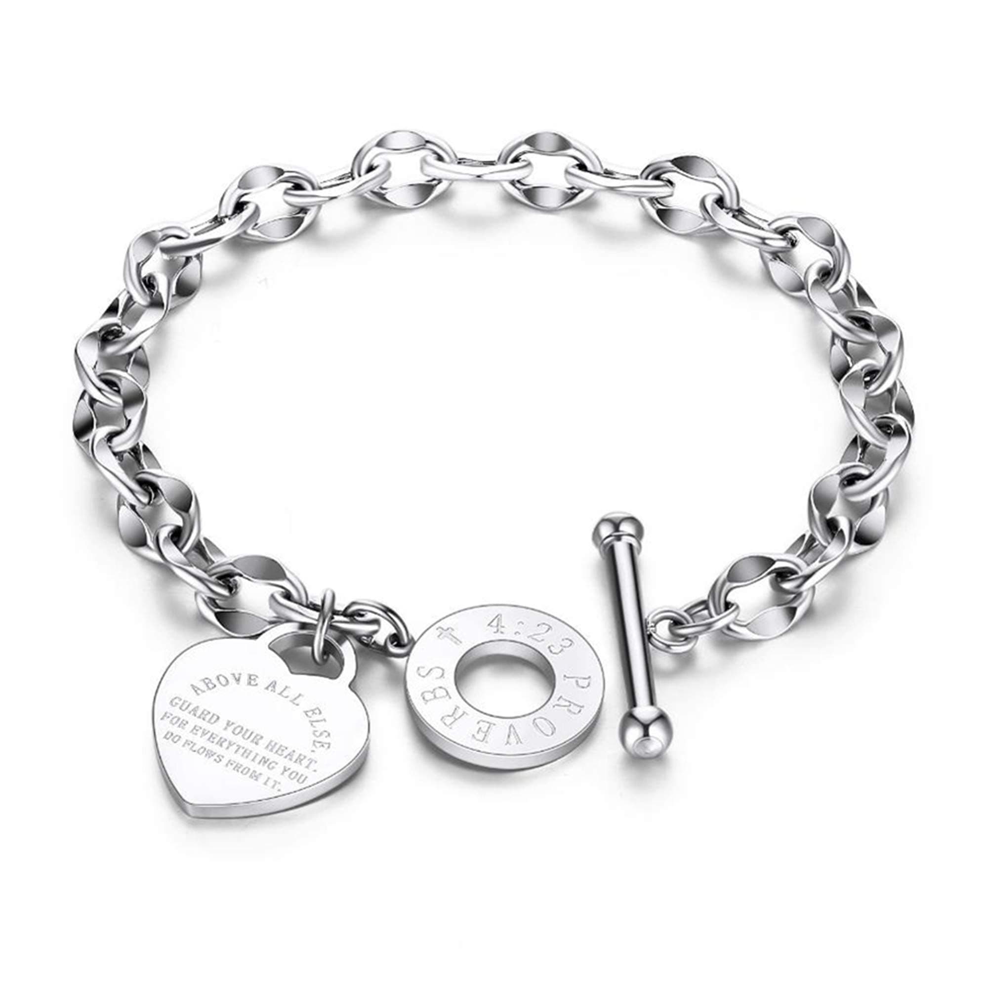 Silver Titanium Steel Engraved Bracelet Personalized Proverbs 4:23 Bangle Gift for Women Girls