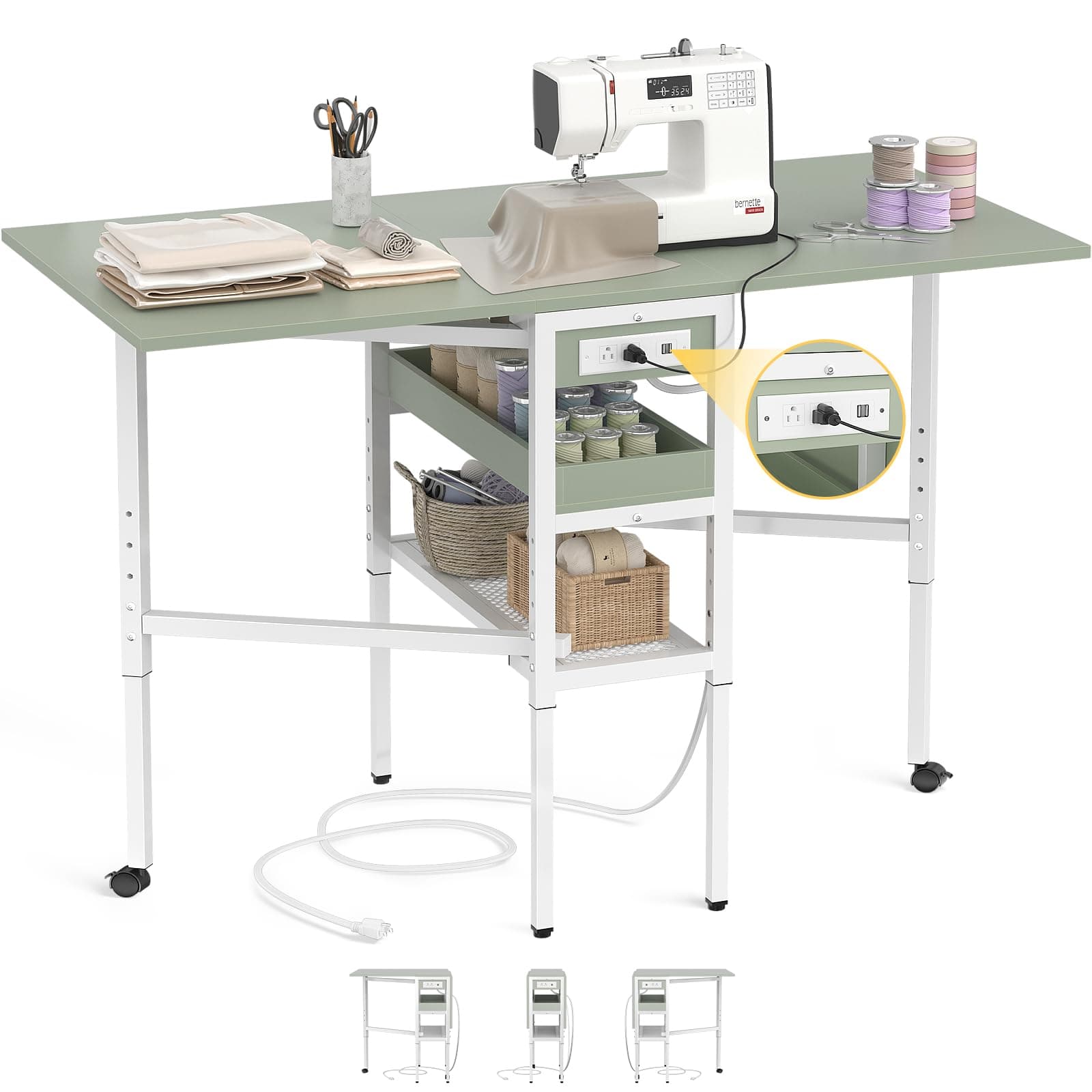 Folding Sewing Cutting Table with Charging Station, Height Adjustable Craft Table with Storage, 50" Foldable Fabric Cutting Tables for Sewing Room Craft Room, Cyan