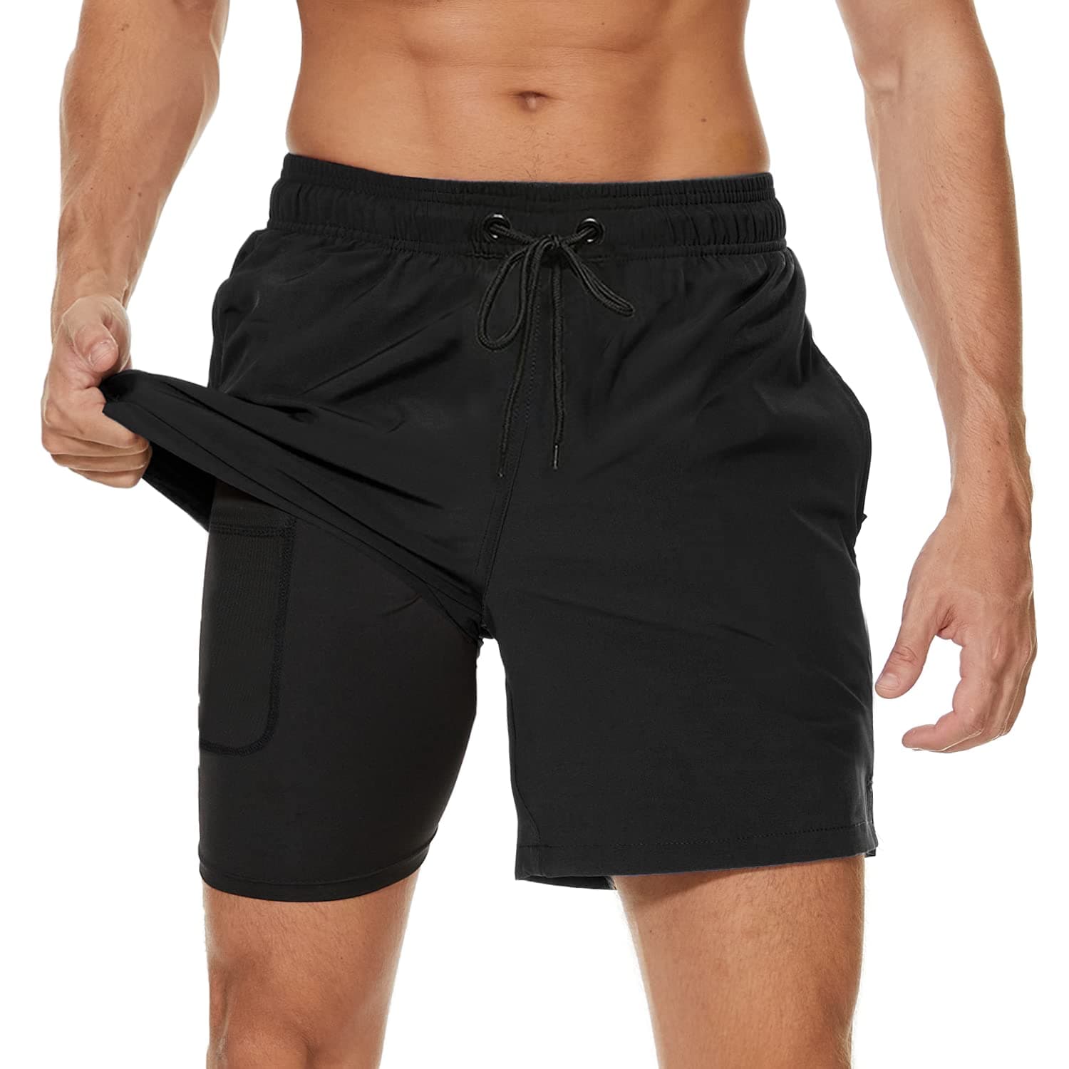 Arcweg Men's Swim Trunks with Compression Liner 2 in 1（black）