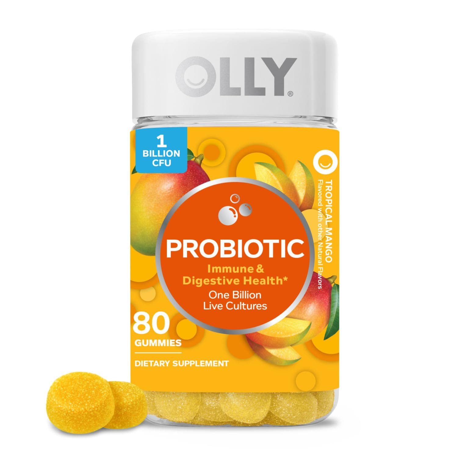 Probiotic Gummy, 1 Billion CFUs, Immune and Digestive Support, Chewable Probiotic Supplement, Mango, 80 Count