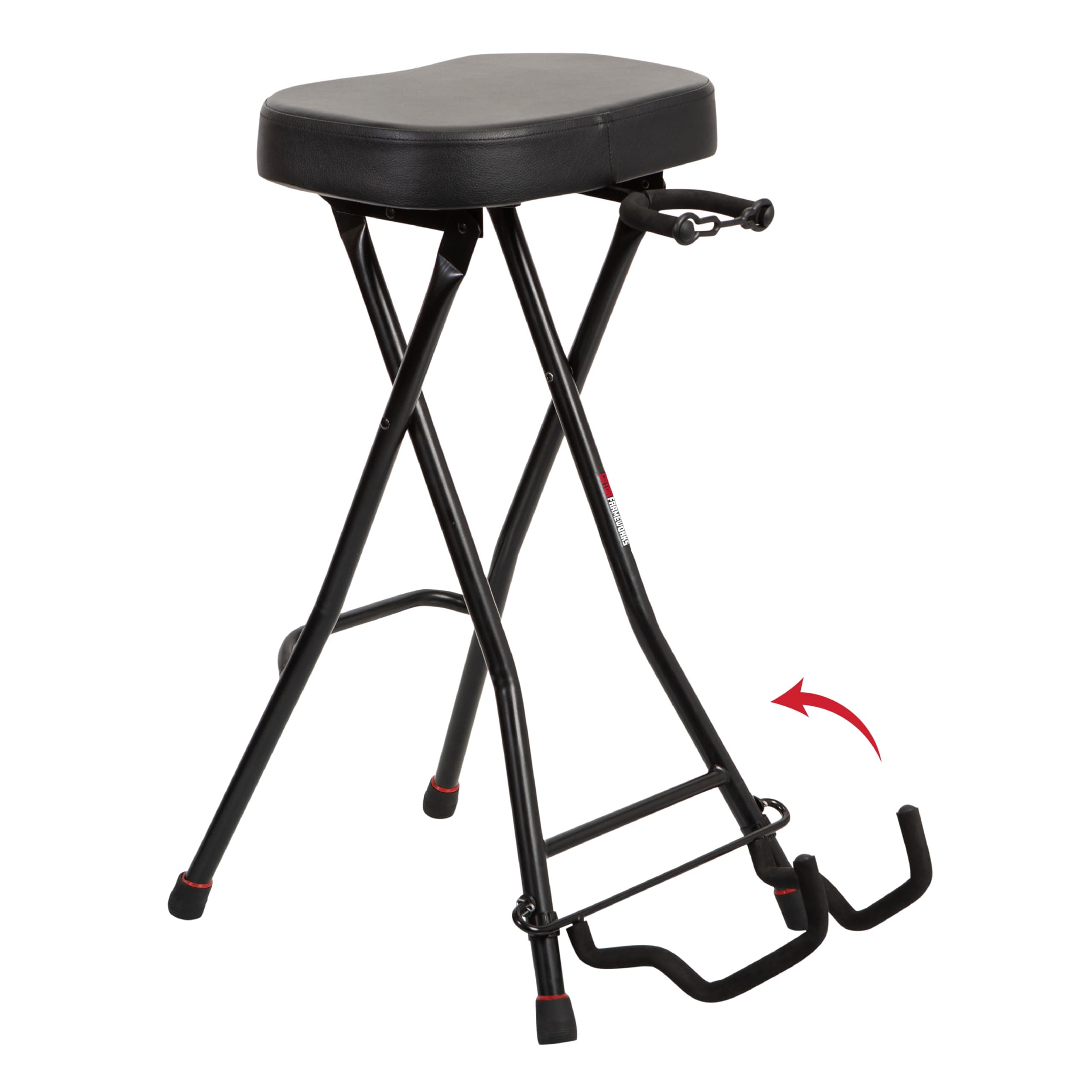 Gator Frameworks Foldable Guitar Stool with Padded Seat and Rear Mounted Guitar Hanger, (GFW-GTRSTOOL)