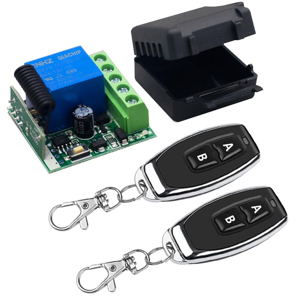 QIACHIP 433Mhz Universal Wireless Remote Control Switch DC 12V 1CH Relay Receiver Module RF Transmitter (2 Transmitters 2 Button+ 1 Receiver 1CH)