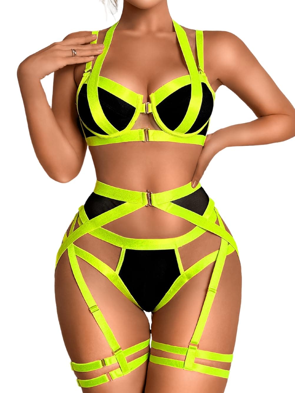 Kaei&Shi Strappy Harness, All Adjustable, Underwire Racerback, 4pc Garter Set