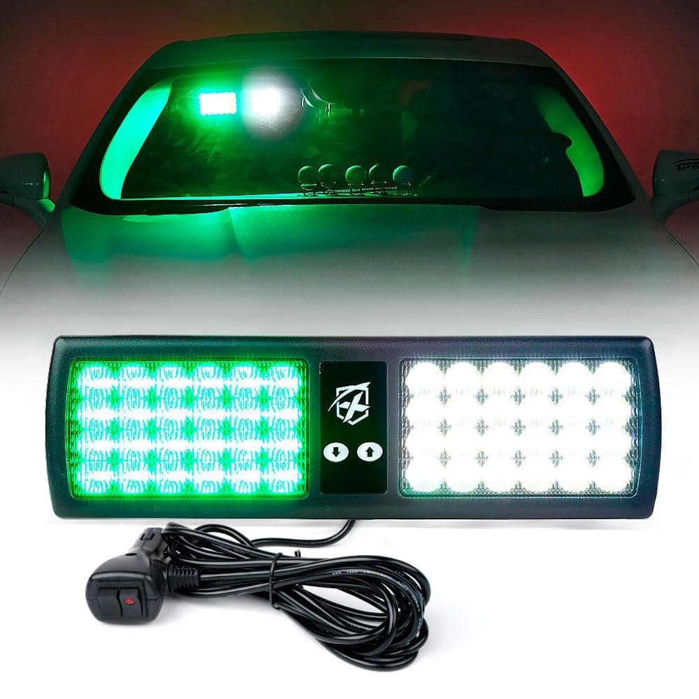 Xprite White Green 48LED Visor Strobe Flashing Lights Interior Windshield Sunshield Emergency Warning Lights for Police Volunteer Firefighter Vehicles Trucks