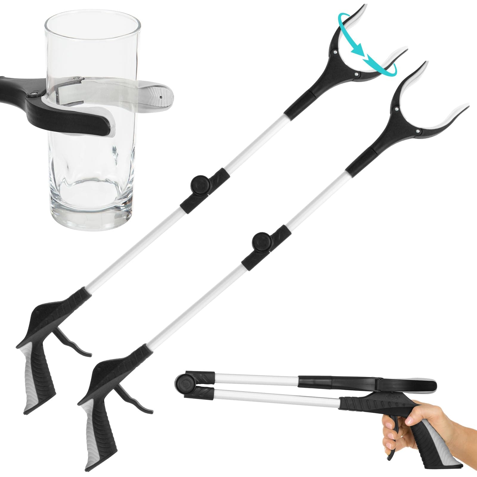 Vive 32" Grabber Reacher Tool (2 Pack) - Foldable Pickup Stick with Rotating Jaw & Sensitive Trigger - Heavy Duty Mobility Grip Hand Aid - Extra Reach Extender Claw for Seniors, Elderly, Handicap