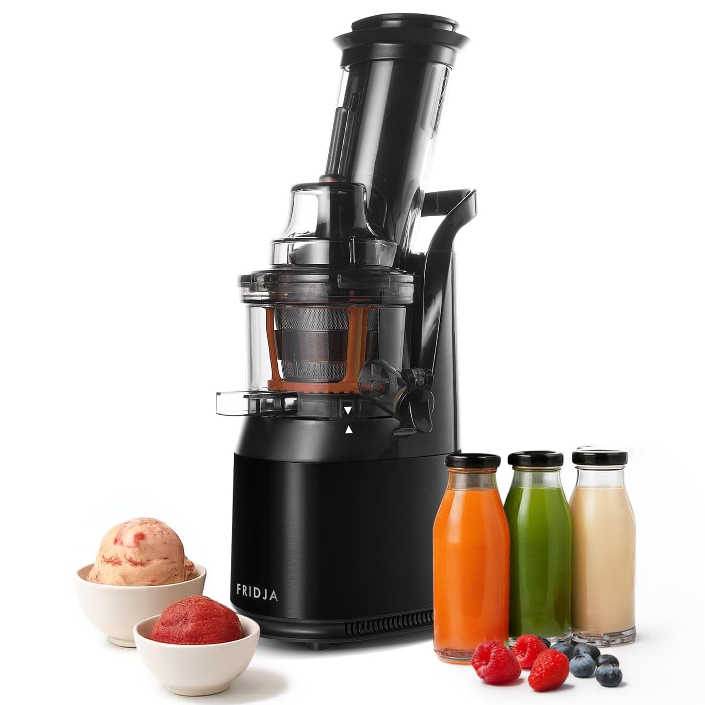 Fridja f1900 Cold Press Juicer, 240W Masticating Slow Juicer with 78mm (3”) BPA-Free Wide Chute, Black Stainless Steel body, Juice, Vegan Nut Milks, Sorbet, Ice Cream, Easy to Clean
