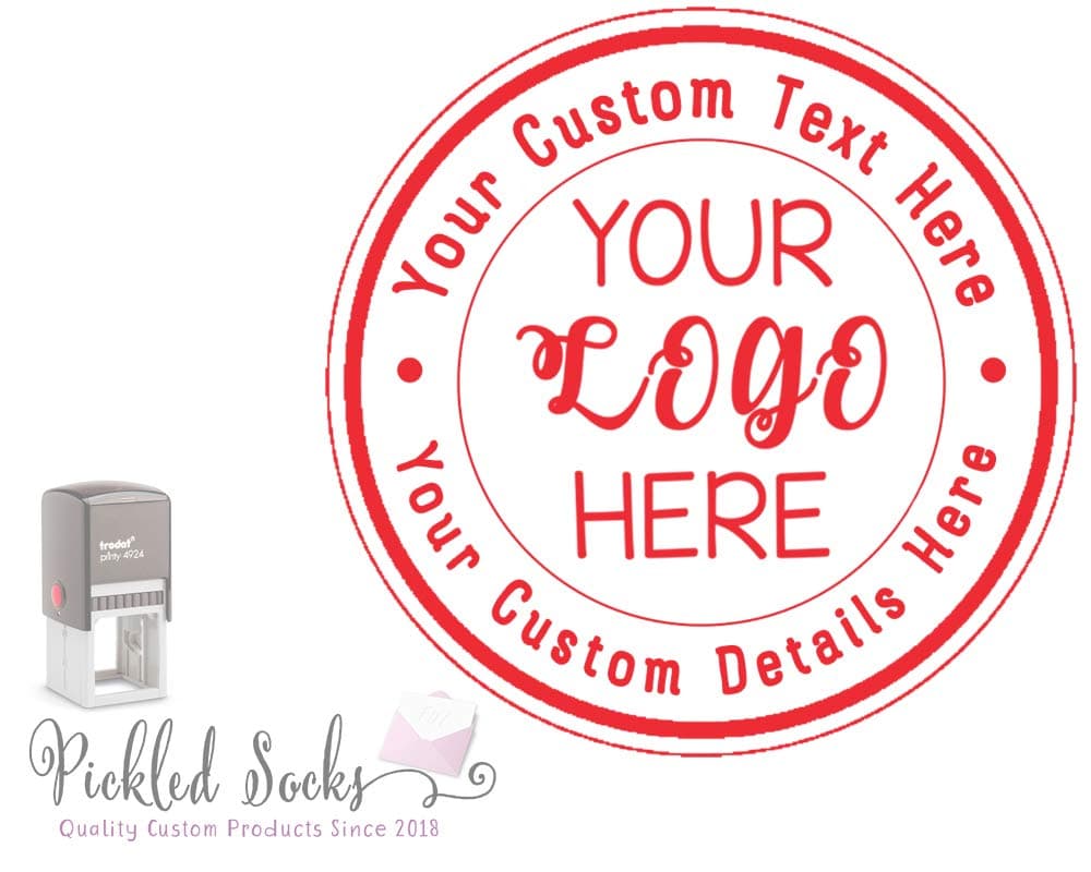 Custom Business Logo Double Round Border Stamp - 3 Lines of Text - Self Inking Stamper - Rubber Personalized Stamp - Stamps for Local Business - Personalized Business Stamps (Red)
