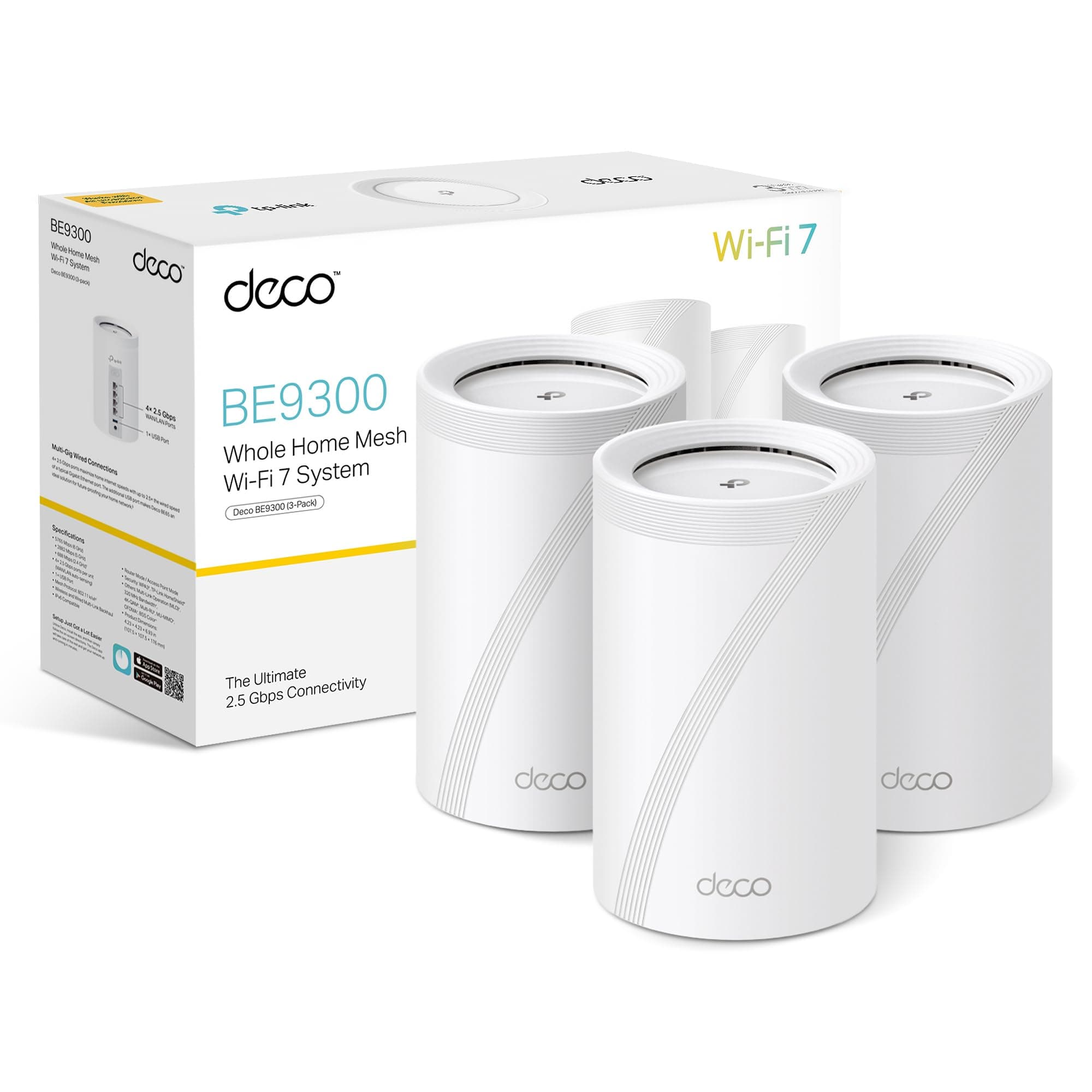 Deco BE9300(3-pack) WiFi 7 BE9300Mbps Whole Home Mesh WiFi System, 2.5Gbps Ports, VPN Supported, Router & Extender Booster, AI-Driven Mesh, 6 GHz Band, Homeshield, Alexa & Google
