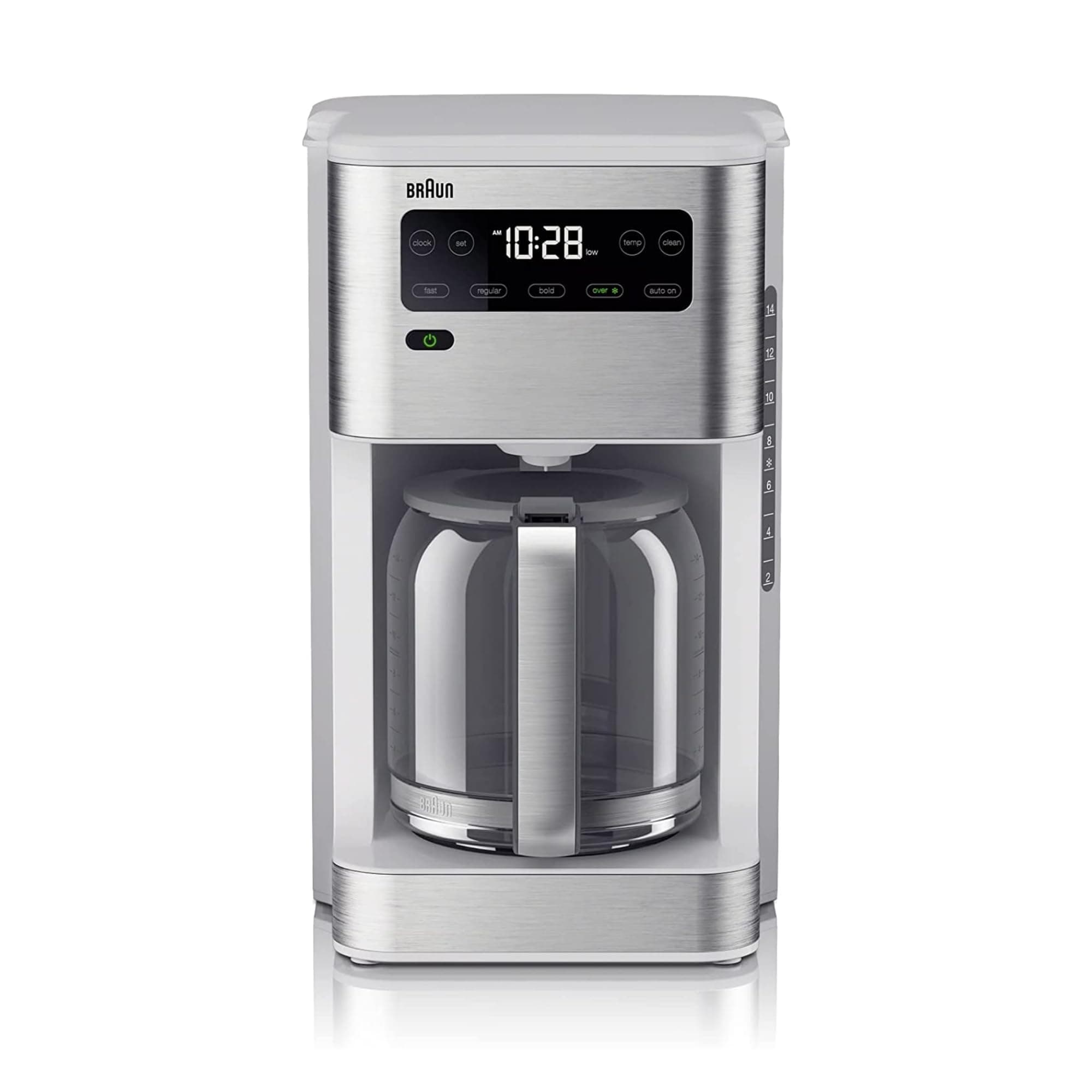 Braun PureFlavor 14‑Cup Programmable Coffee Maker – Fast Brew Speed, Touch Display, Bold & Brew‑Over‑Ice Modes, FlavorCarafe & Adjustable Warm Plate, White