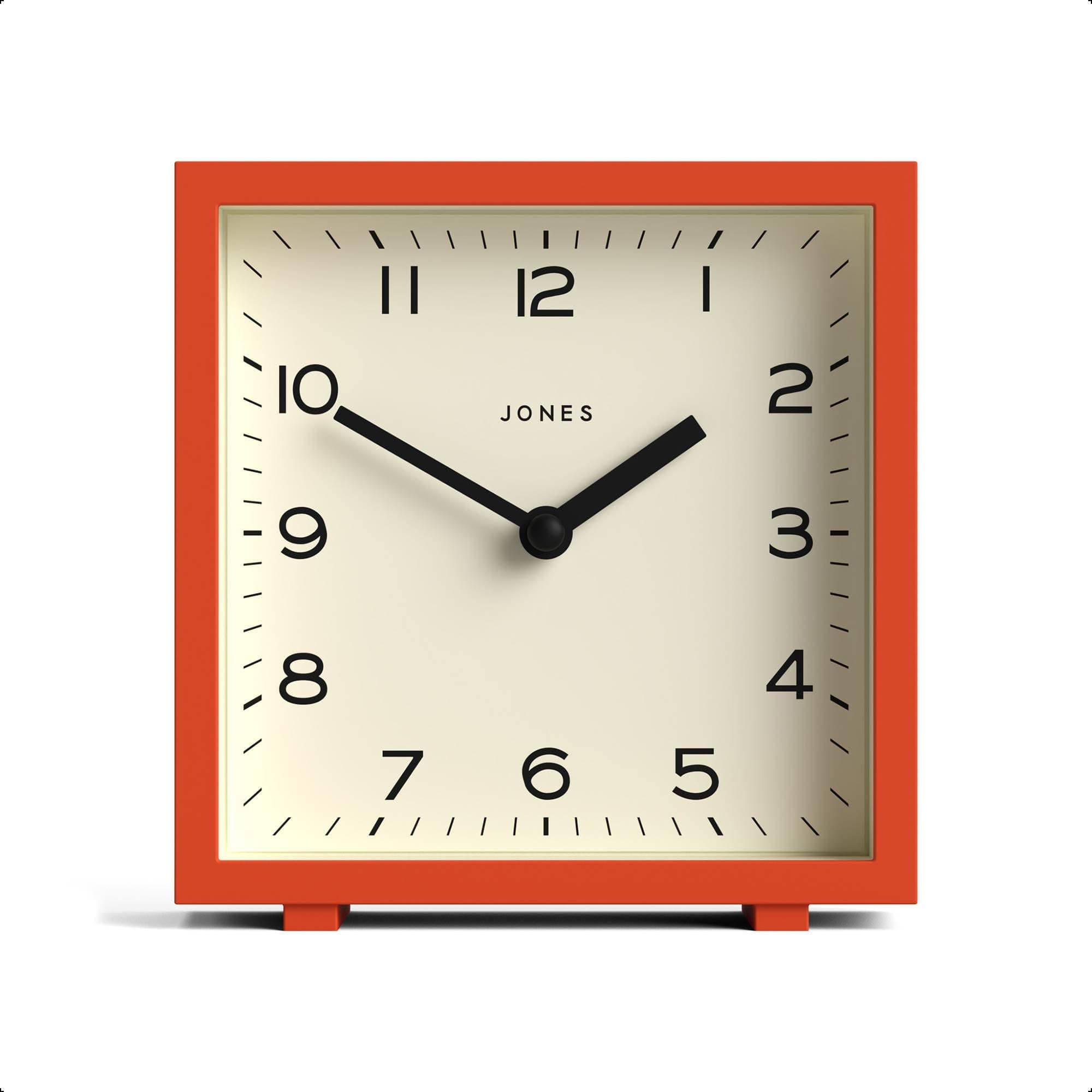 JONES CLOCKS® Disco Desk Clock | Sleek Square Design | Orange | Stylish and Easy to Read for Shelf, Table, Mantel or Bedside