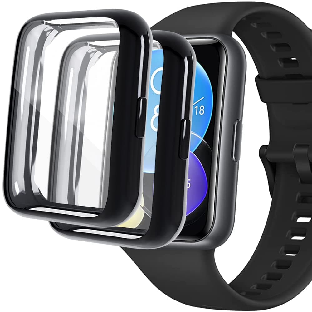 [2 Pieces] Case Compatible with Huawei Watch fit 2, Silver High Transparency All-Round Protective Case with Screen Protector, [Anti-Smudge] [Scratch-Resistant] TPU Protective Case-black