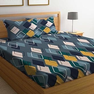 300 TC Cotton Feel Glace Cotton Elastic Fitted Printed Queen Size Double Bed Bedsheet with 2 Pillow Covers Fits Upto 8 inches,Size- 60x78x10 Inches, NavySquare