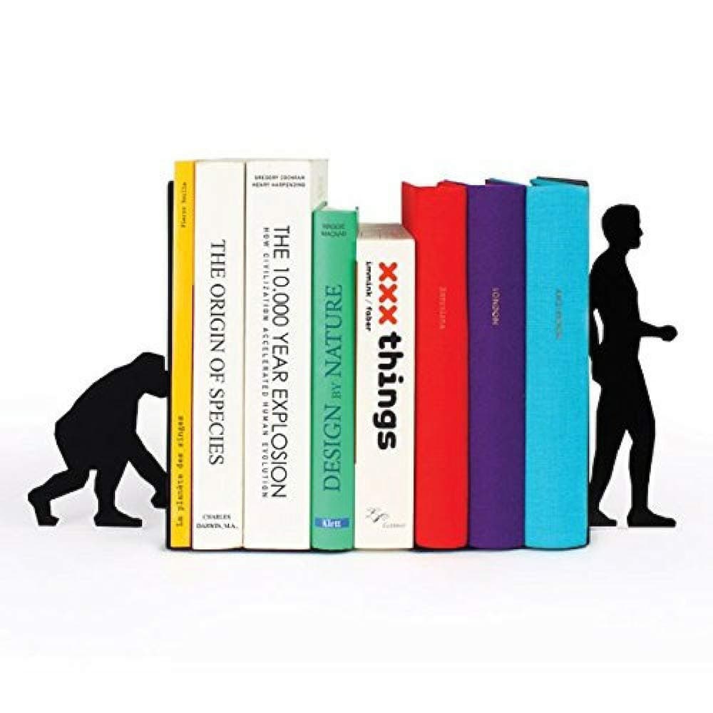 A10SHOP Ares Monkey to Men Evolution Bookshelf Decor, Book Ends for Shelves, Metal Book Holder, Bookstand with Non-Skid Base (Black)