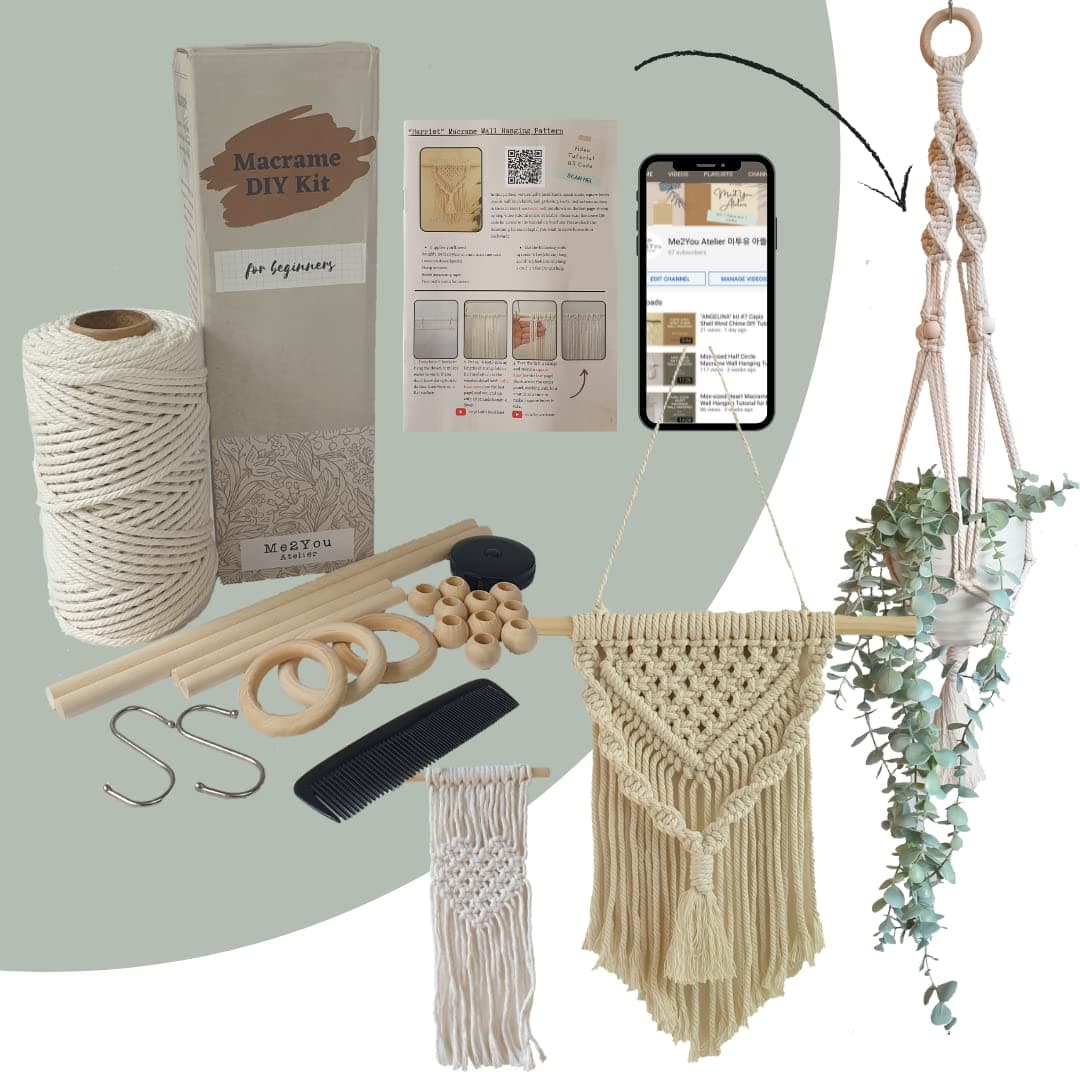 Easy Macrame DIY Kit for Adults Beginners, Wall Hanging, Plant Hanger, Crafts Starter Kit with Video Tutorials, 100 Meters Cotton Cord Rope, Wooden Dowel, Wooden Beads