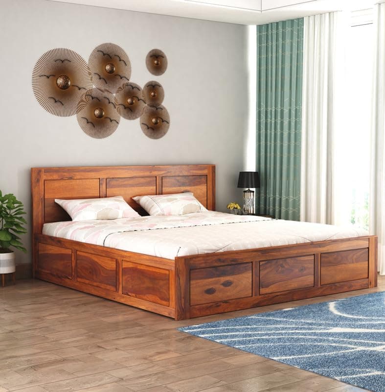 Wooden King Size Bed with Storage | Double Bed Cot Bed with Box Storage for Bedroom & Hotel | Sheesham Wood, Honey Finish, Recommended Mattress Size: 78 X 72