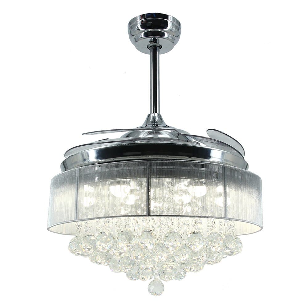 Ceiling Fans 42 Inch 4 Retractable Blades Modern LED Ceiling Fan Crystal Chandelier with 4000k Cool White Light Kits and Wall Control, Chrome Finished