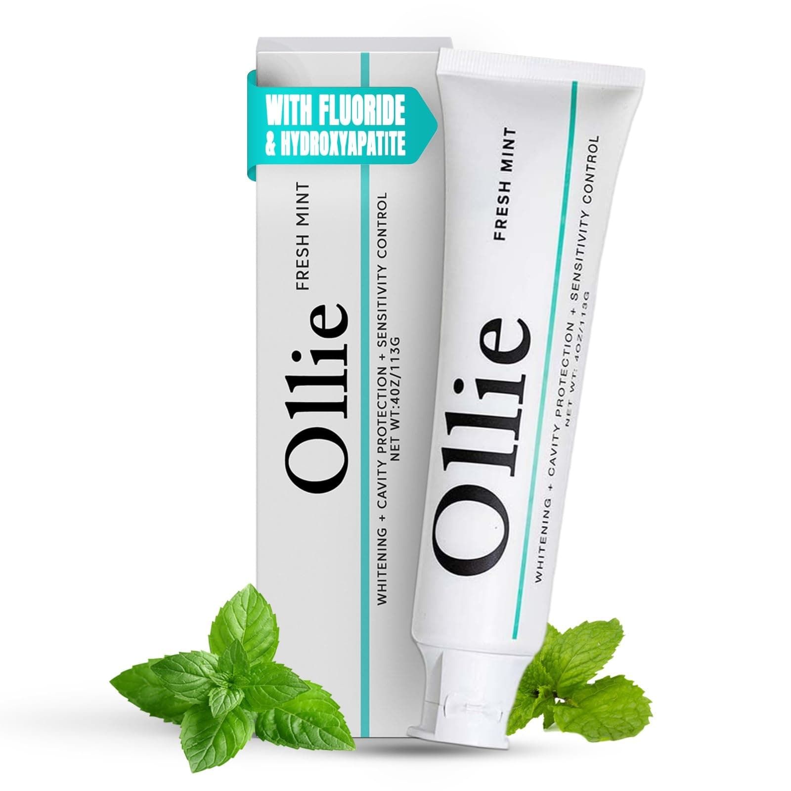 Ollie Fresh Mint Fluoride Toothpaste with Hydroxyapatite for Remineralizing Enamel, Sensitive Teeth & Whitening (4 oz, Pack of 1)