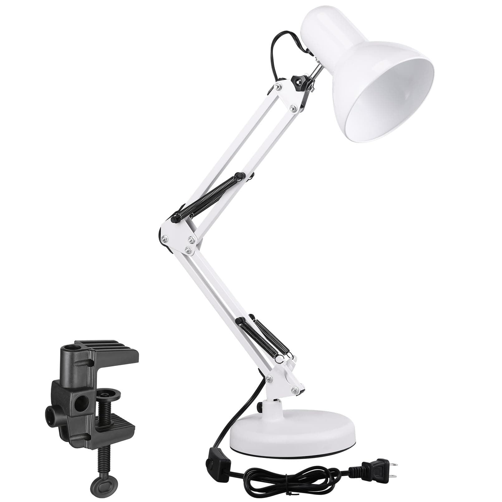 Metal Desk Lamp with Clamp, Swing Arm, Architect Adjustable Gooseneck Table Lamp, Clip Desk Lights for Home Office, Work, Study, Reading, E26 Base, Multi-Joint, White