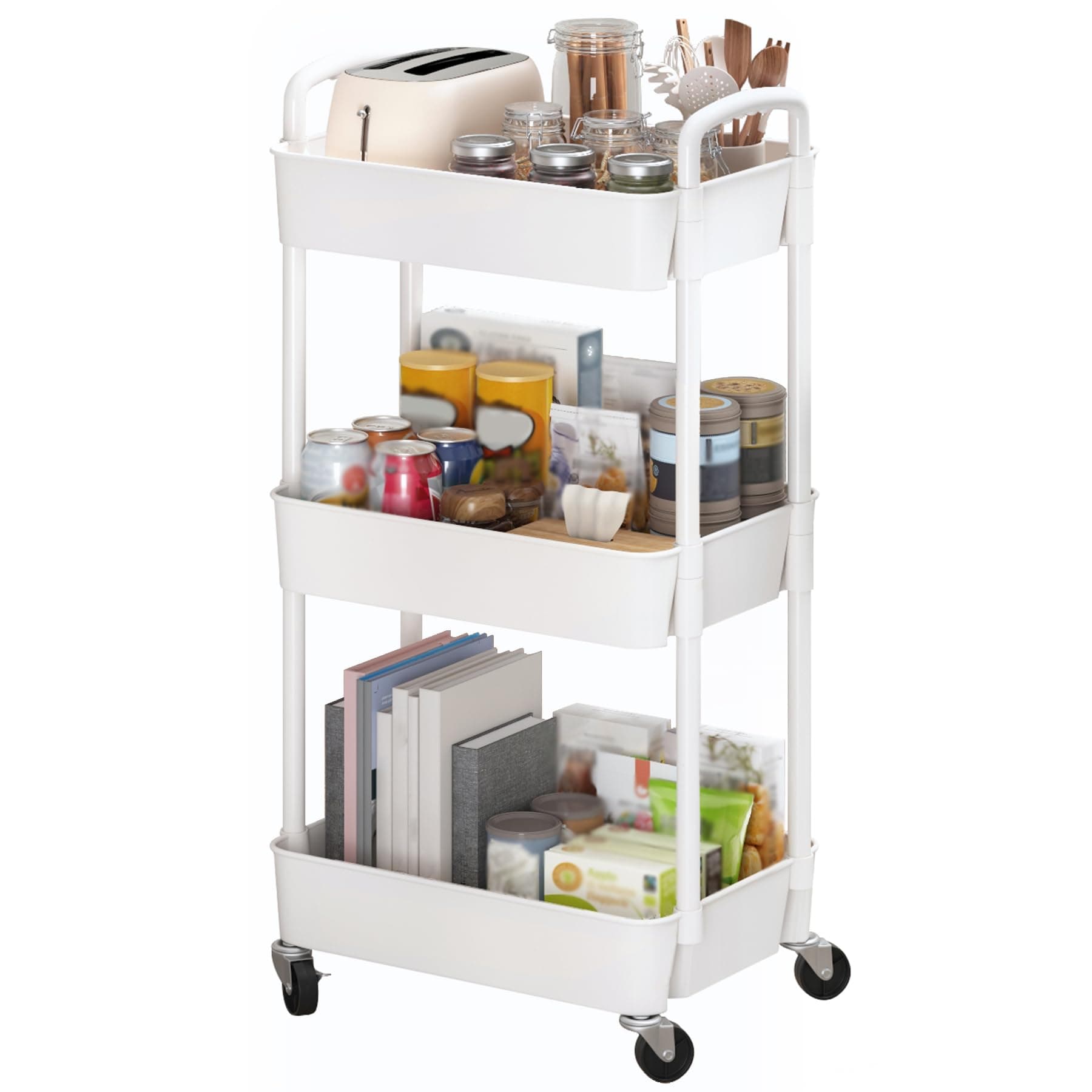 Sywhitta 3-Tier Plastic Rolling Utility Cart with Handle Multifunctional Storage Trolley for Office Living Room Kitchen Movable Storage Organizer with Wheels White