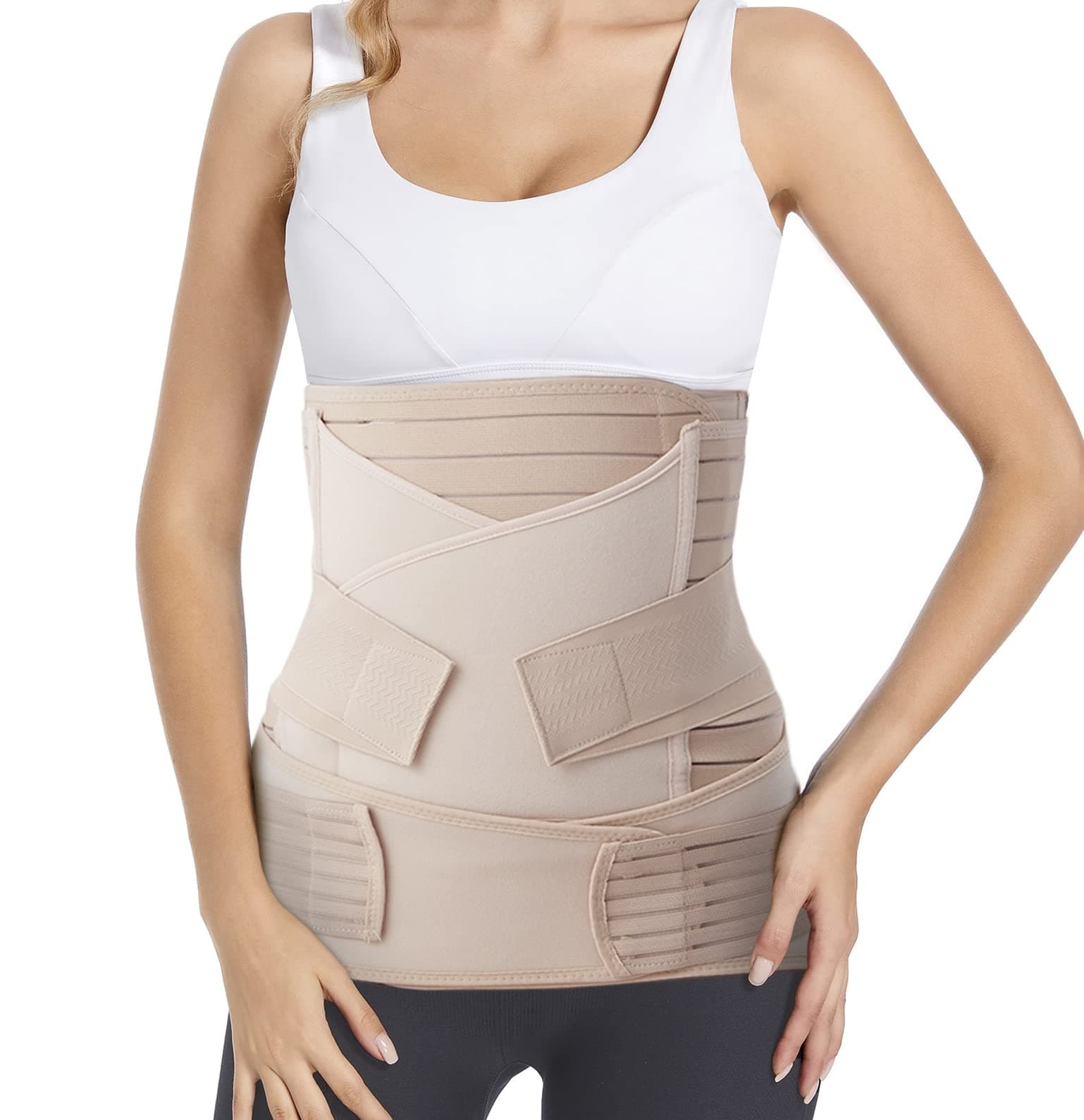 Reian Postpartum Belly Band 3 in 1 Post Csection Support Recovery Belt for Post Pregnancy After Giving Birth Women Postnatal Shapewear Girdles (One Size, Beige)