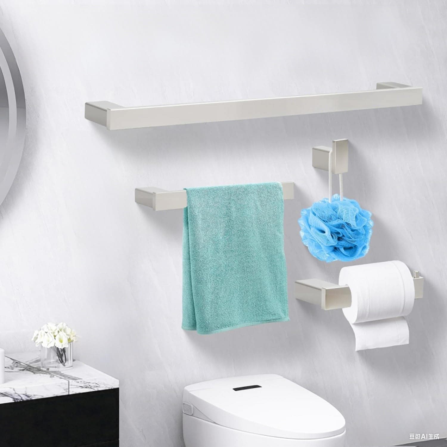 Klabb 4-Piece Metallic Silver Bathroom Hardware Set, 24 Inch SUS304 Stainless Steel Towel Bar Set with Toilet Paper Holder, Robe Hook & Towel Rack – Wall Mounted Rustproof Bath Accessories