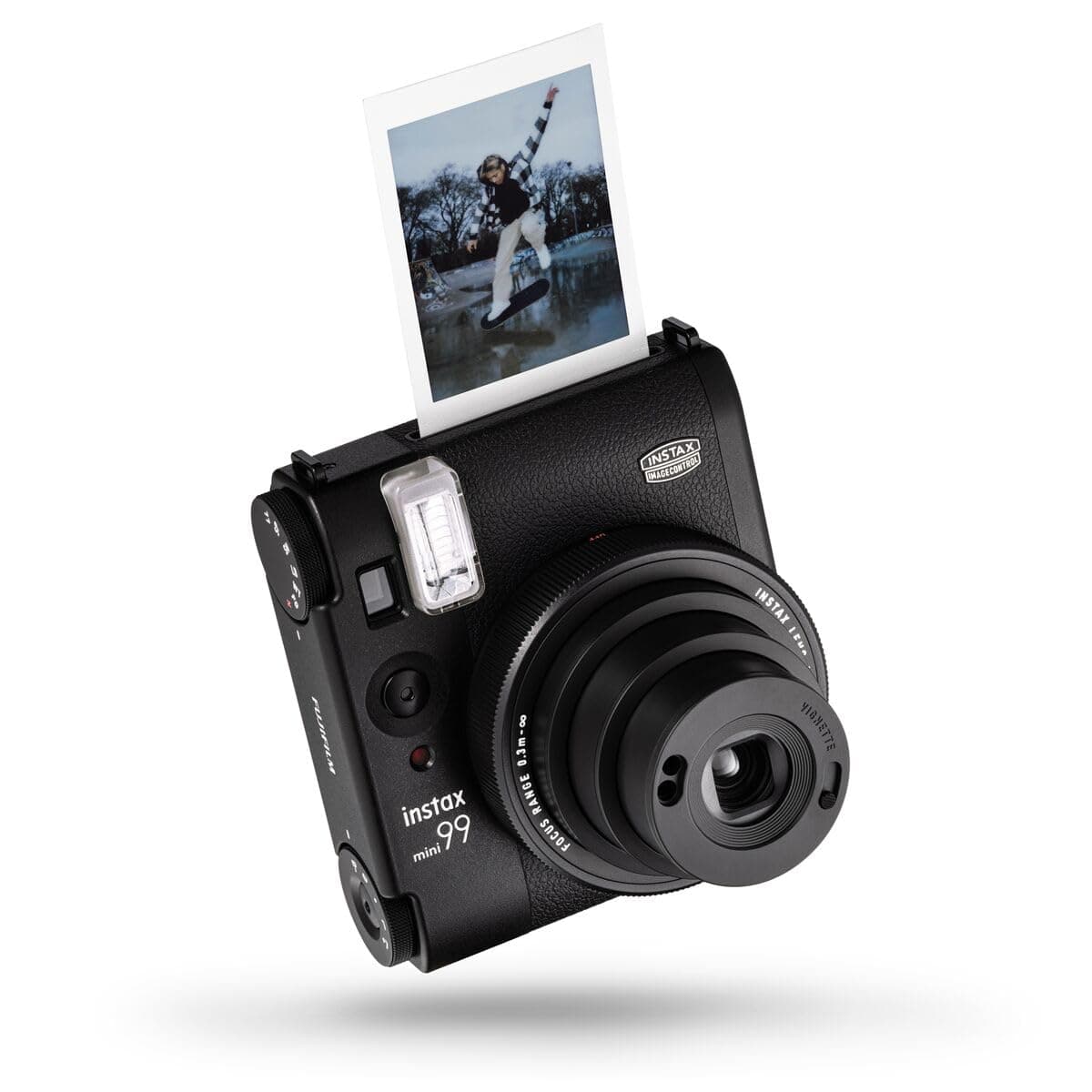 mini 99 instant film camera with Colour effect and brightness control, Landscape/Normal/Macro modes, and a manual Vignette switch, uses instax mini film Sold Separately