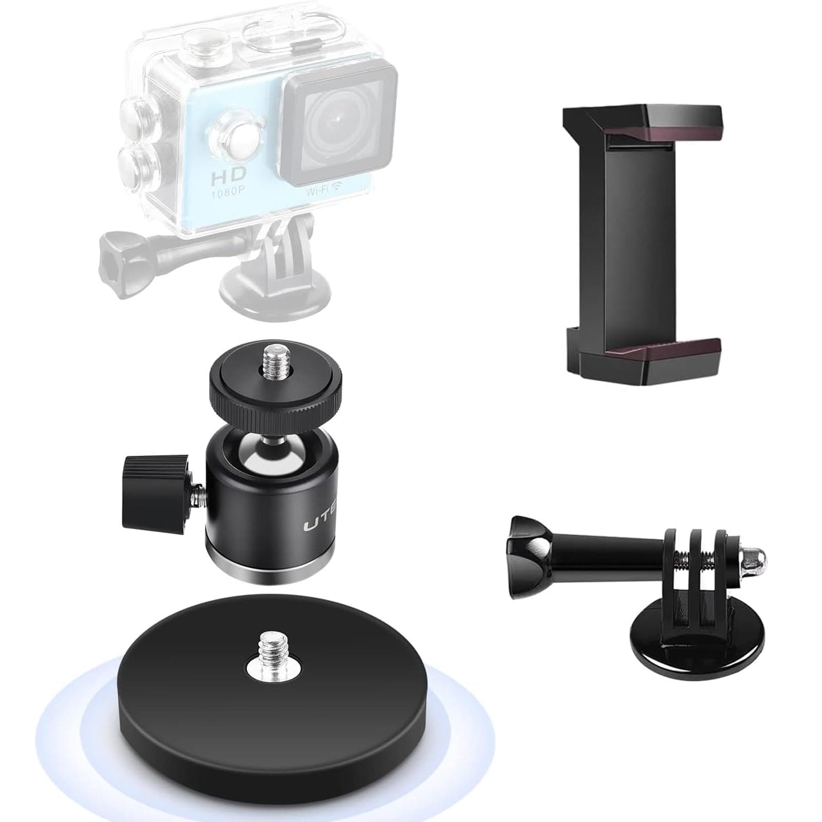 UTEBIT 66mm Strong Magnetic Base Mount for Action Camera, Magnet Camera Mount with 360° Rotation Ball Head & Phone Holder Mount, Compatible with Gopro Hero, DJI Osmo Action Osmo Nano, Insta360, Black
