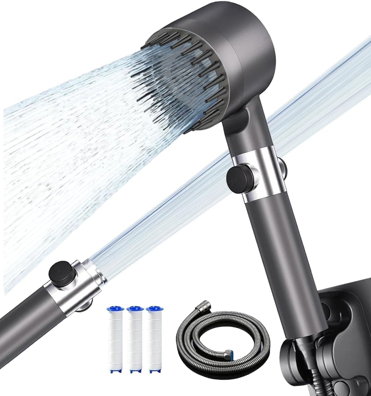 Hard Water Filter Shower Head with 4 Modes, 15 Layers Filtration Water Saving High Pressure Shower Heads and 1.5m Hose, with Pause Switch, Suitable for Elderly Children and Pets Bathing Grey