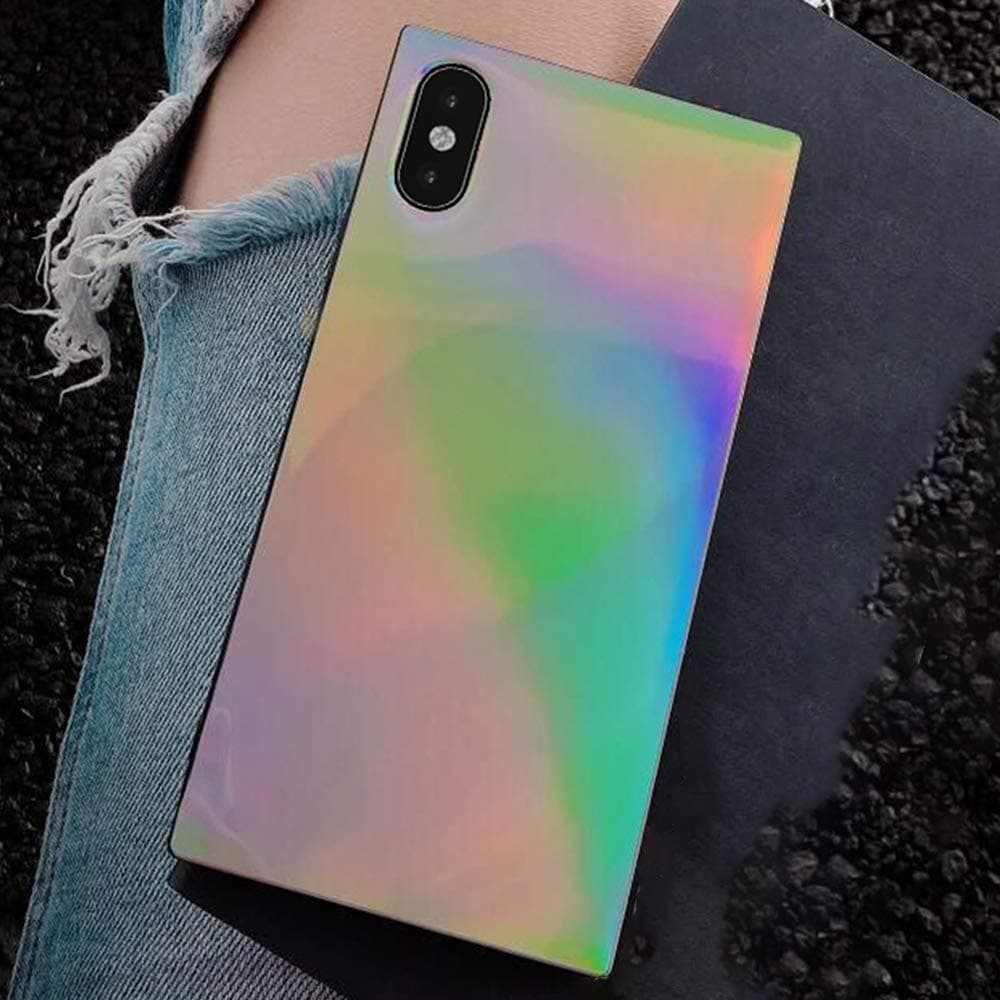 Holographic iPhone X Case, iPhone Xs Case, Square Rainbow Laser Ombre Reflection Mirror Case for iPhone Xs/X Cover Case Holographic Iridescent Psychedelic Gradient Silver Back Shell