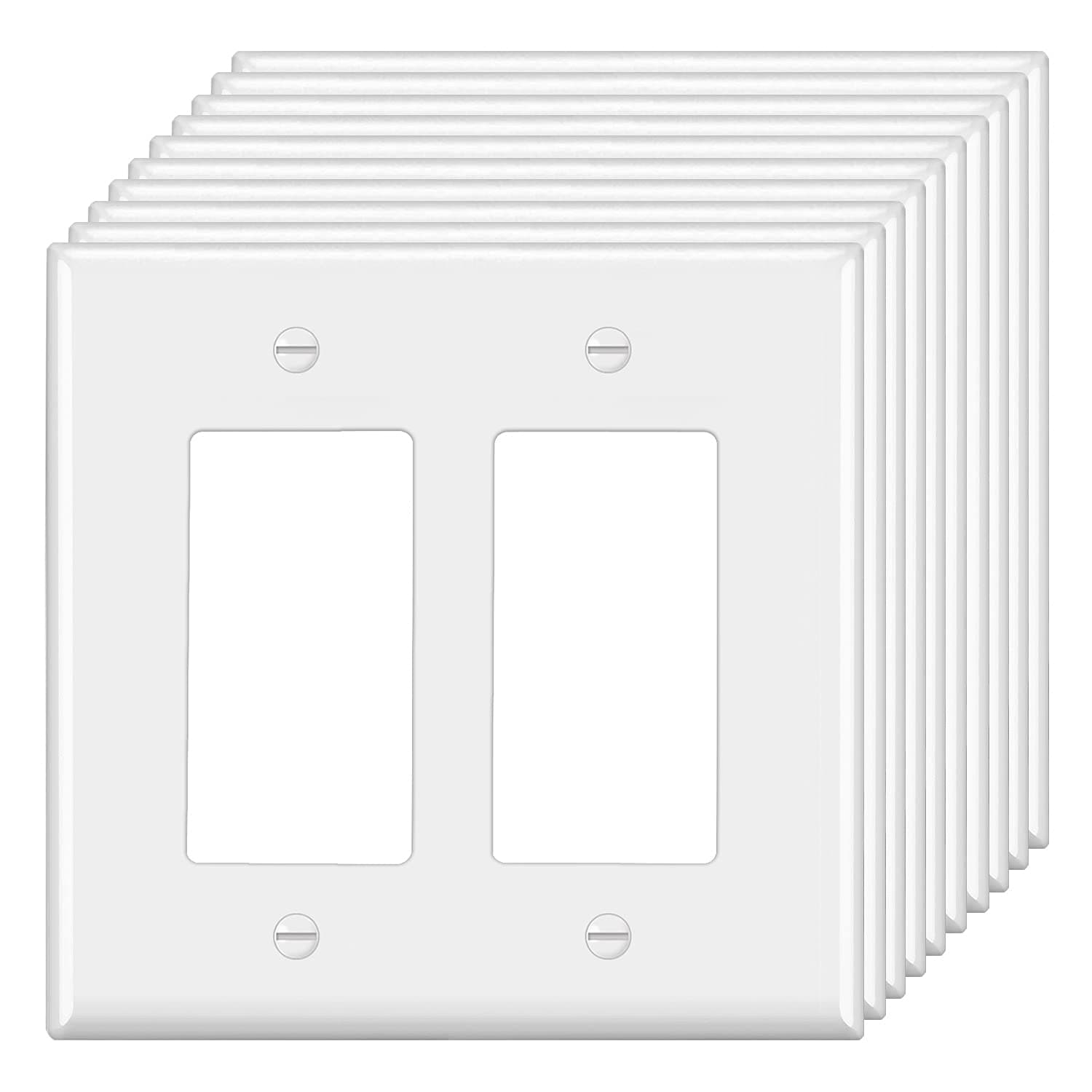 [10 Pack] BESTTEN Decorator Wall Plate, 2 Gang Standard Size Outlet Cover for GFCI and USB Receptacles, H4.53” x W4.57”, Unbreakable Polycarbonate Material, UL Listed, White