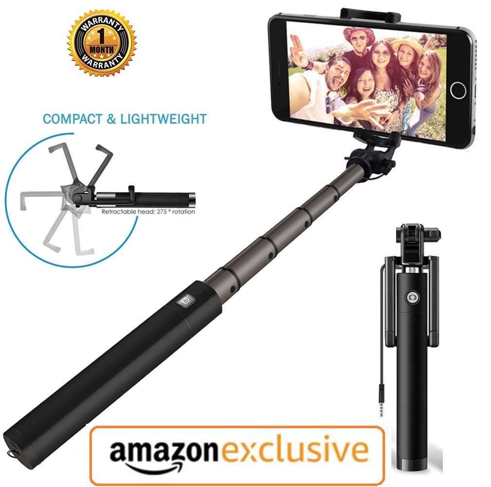 RESTOCKERZ Selfie Stick for All Smart Phone Compact Wired Monopod Extendable Selfie Stick with AUX Wire Built-in Remote Small Pocket Size Sefie Stock for all mobile phone Samsung,Oppo,Vivo,Xiaomi Redmi,Honor,Moto,Nokia & compatible with All iPhone