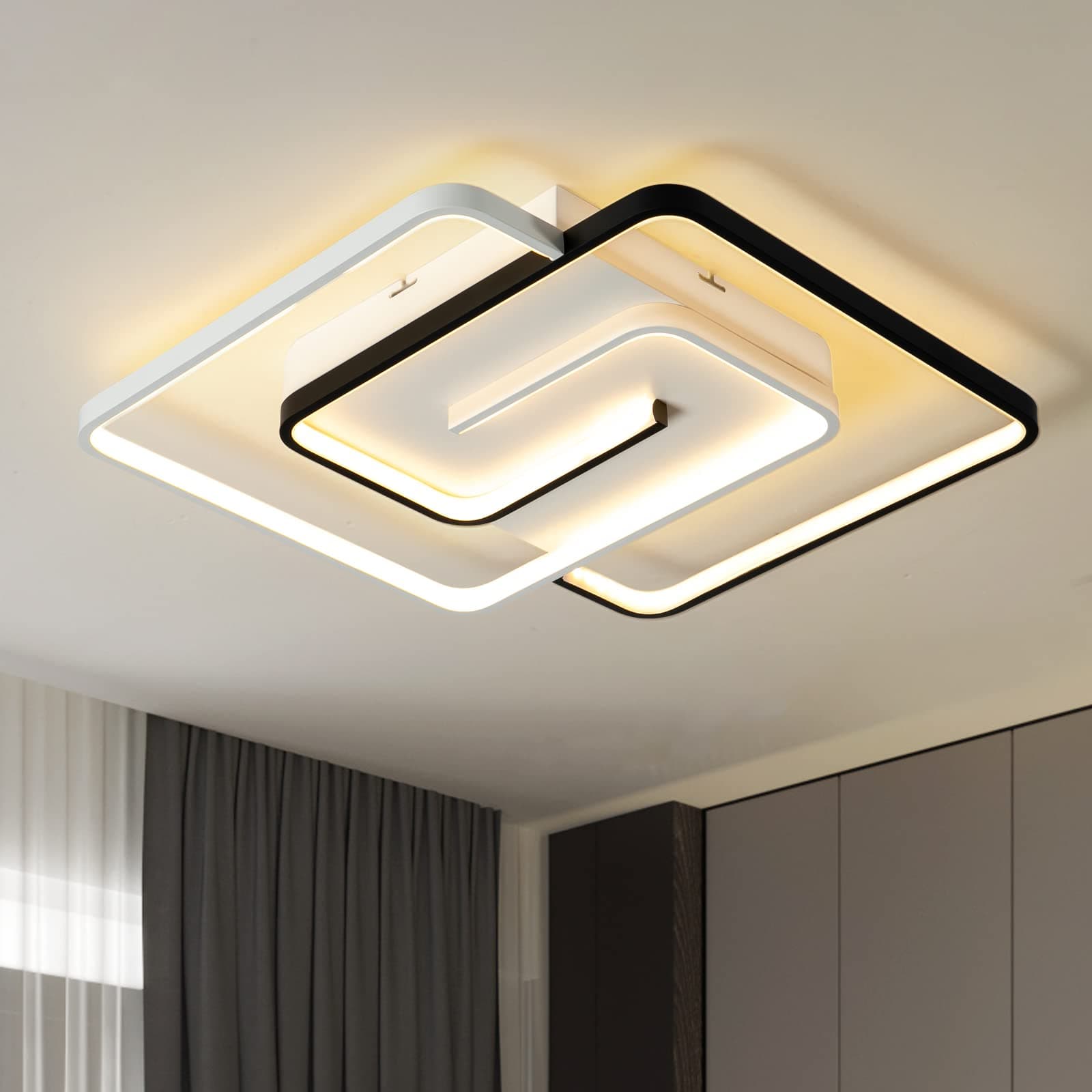 minifairModern LED Ceiling Light 36W 50cm with Remote Control Geometry Square Black and White Dimmable Flush Mount for Living Room Bedroom Kitchen