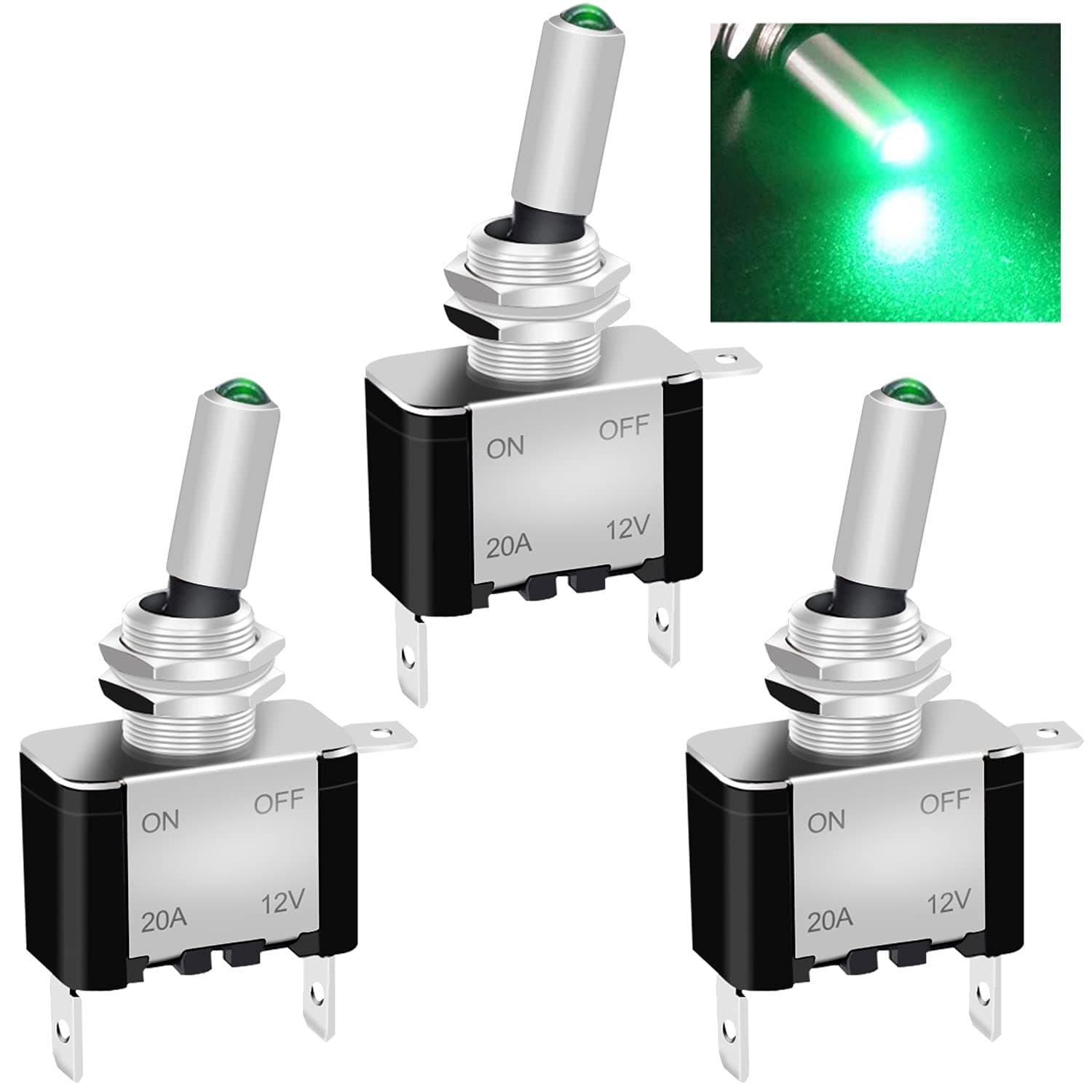 Twidec/3Pcs Rocker Lighted Toggle Switch 12V 20A Heavy Duty Racing Car Automative Auto SPST ON/Off Toggle Switch Green LED Illuminated 3Pin ASW-07DG